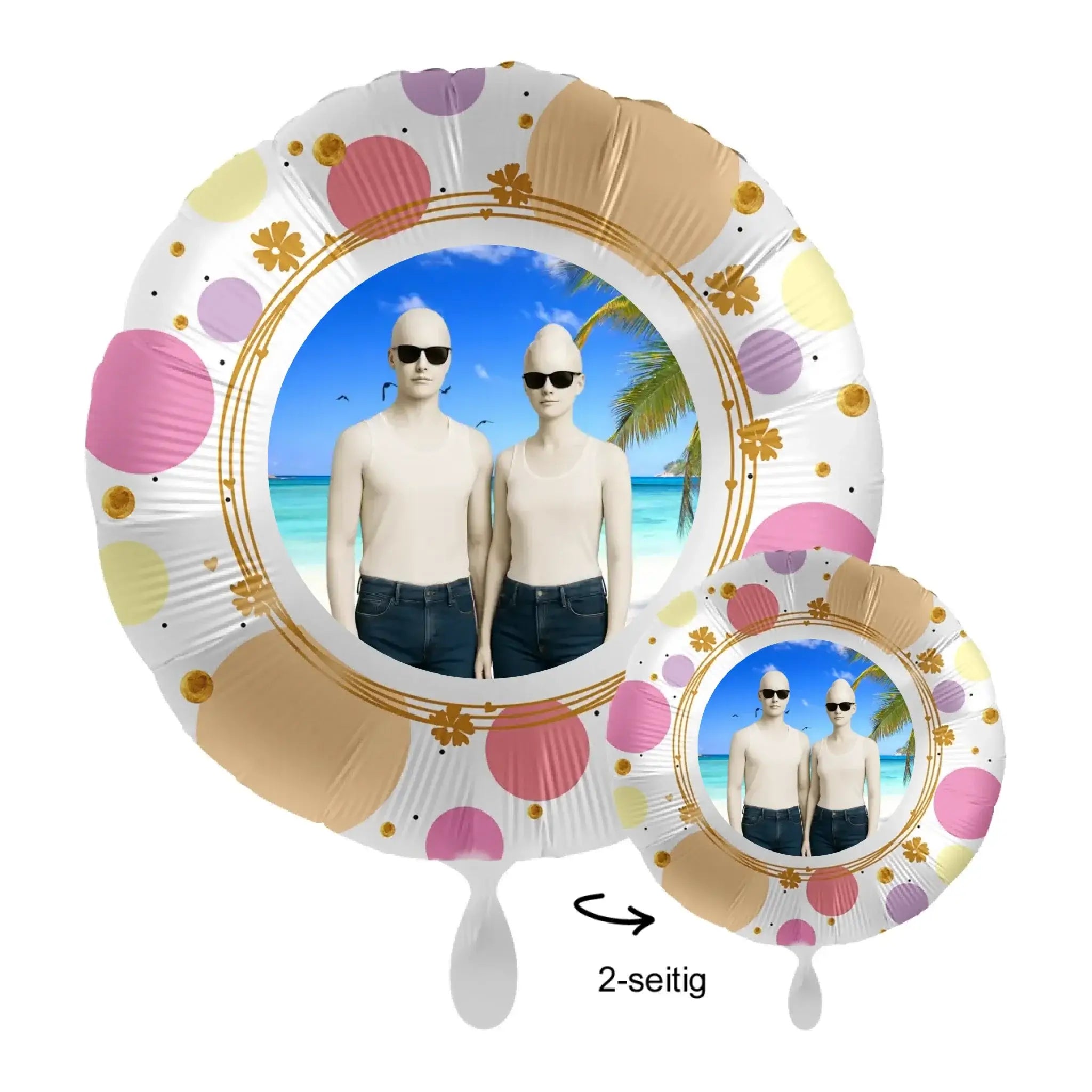 Weißer runder foto-luftballon 43 cm mit foto von zwei personen am strand und bunten punkten am rand
