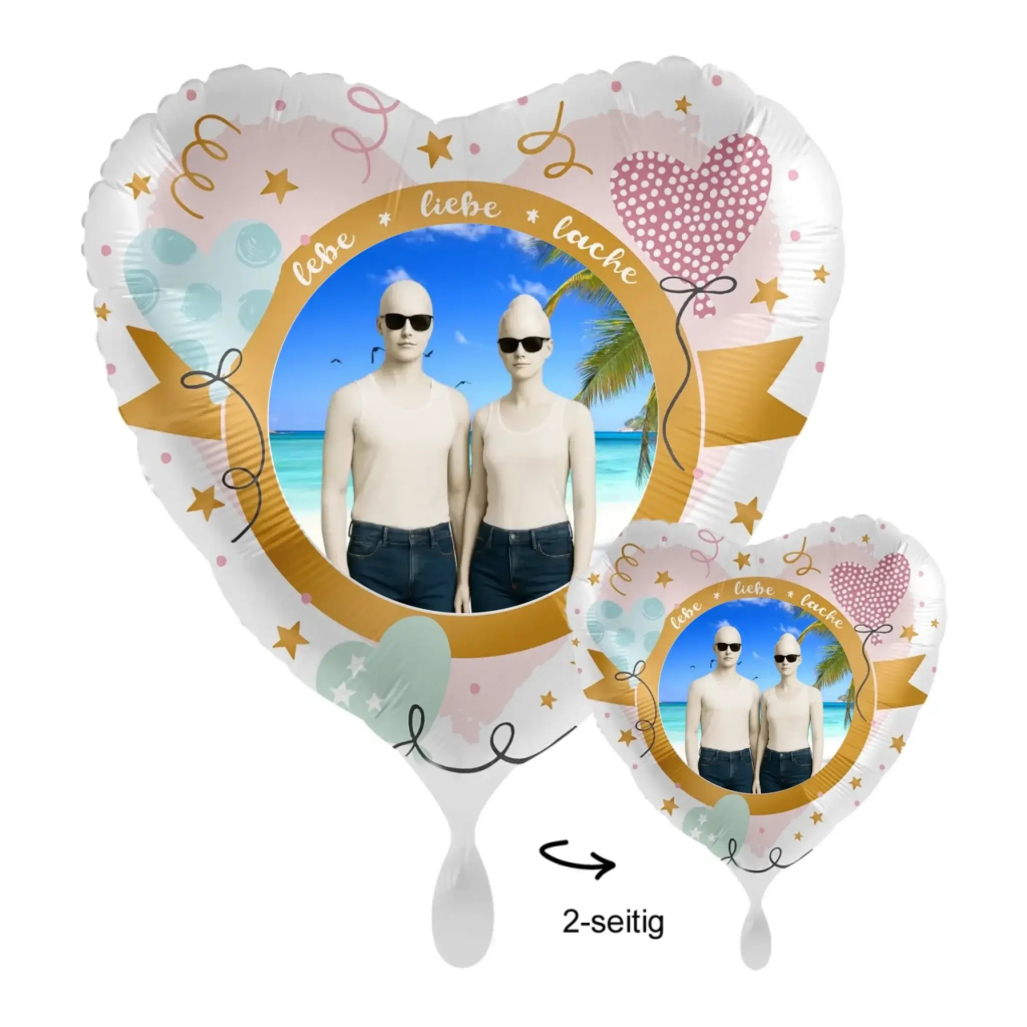 Herzförmiger zwei-seitiger folie-luftballon mit foto von paar in sonnenbrille am strand mit goldsternen und liebe-text