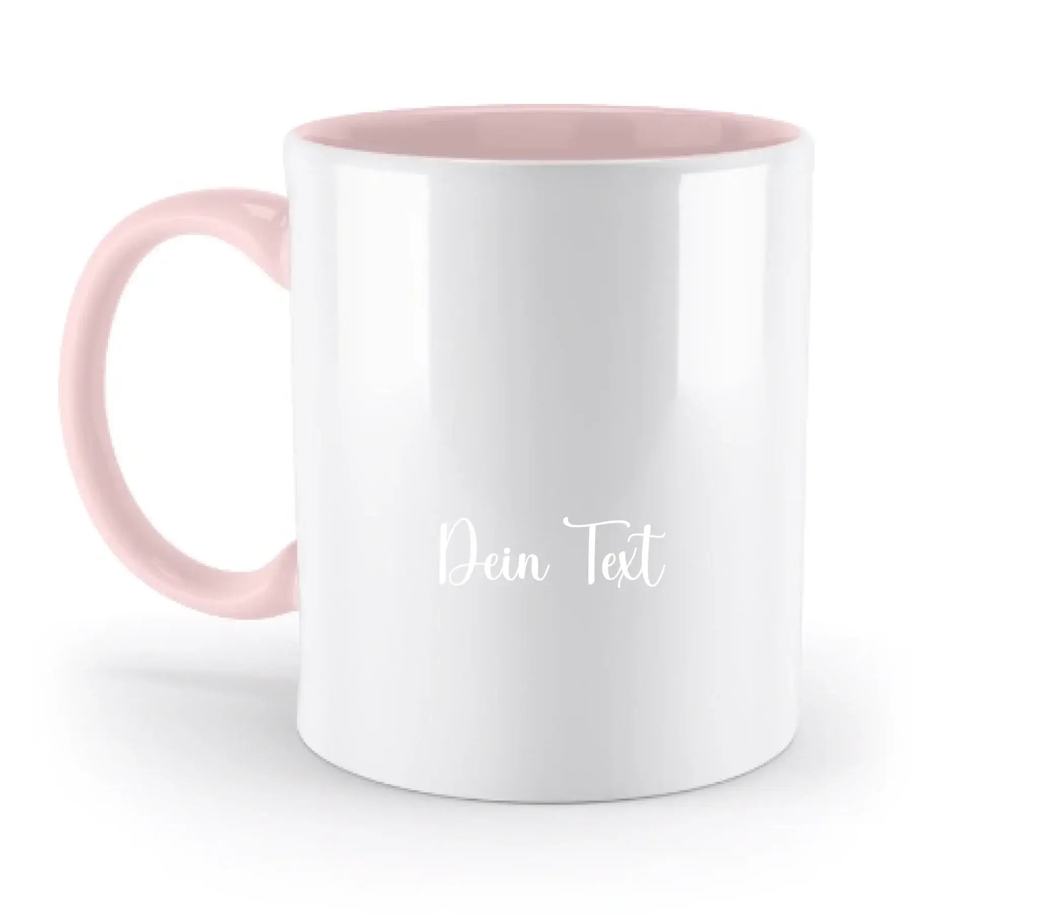 Weiße keramikfoto-tasse mit pinkem griff und innenraum personalisiert mit dein text in eleganter schrift