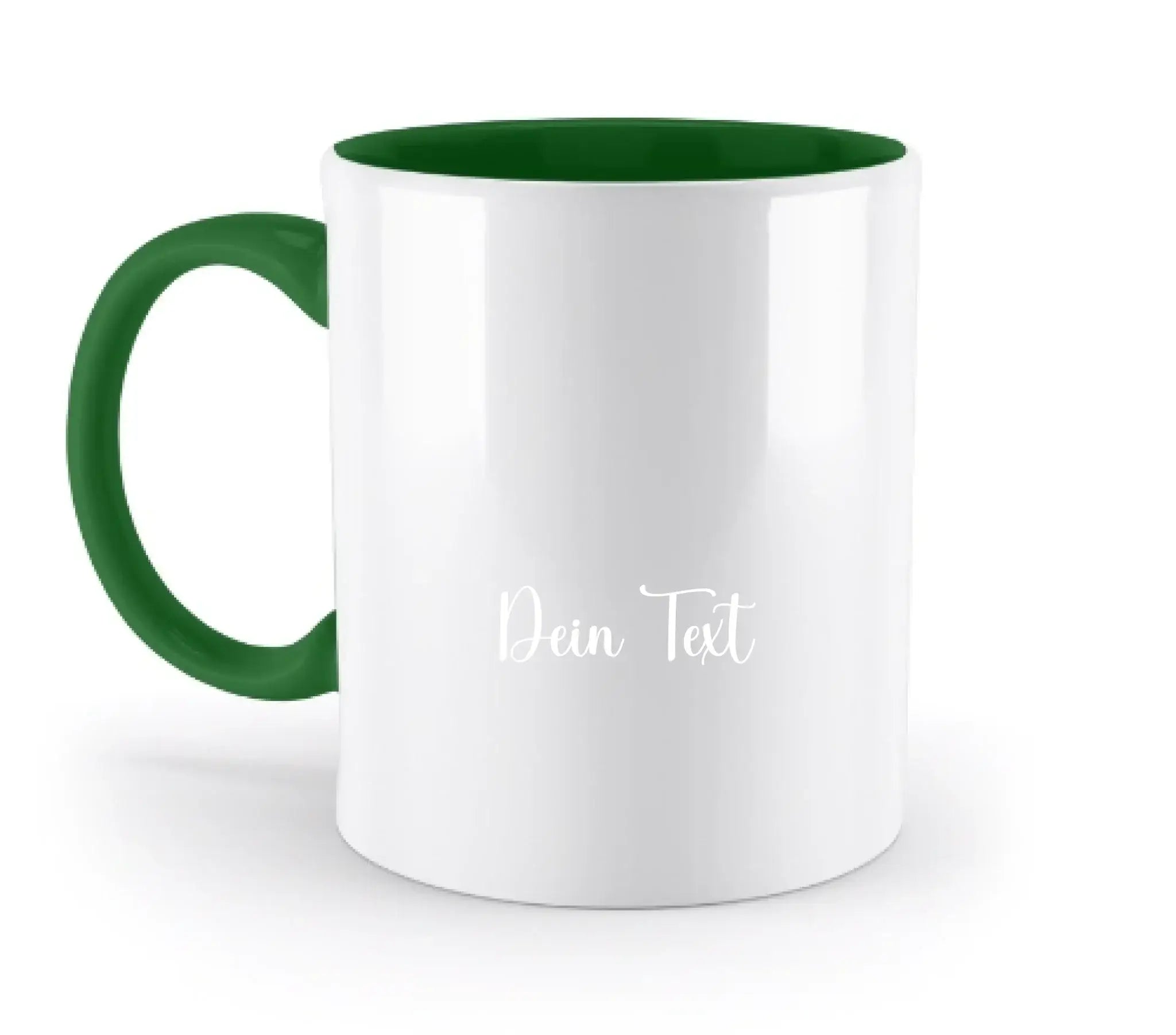 Weiß-keramiktasse mit grünem griff und innenraum personalisiert mit weißem text dein text im cursive style