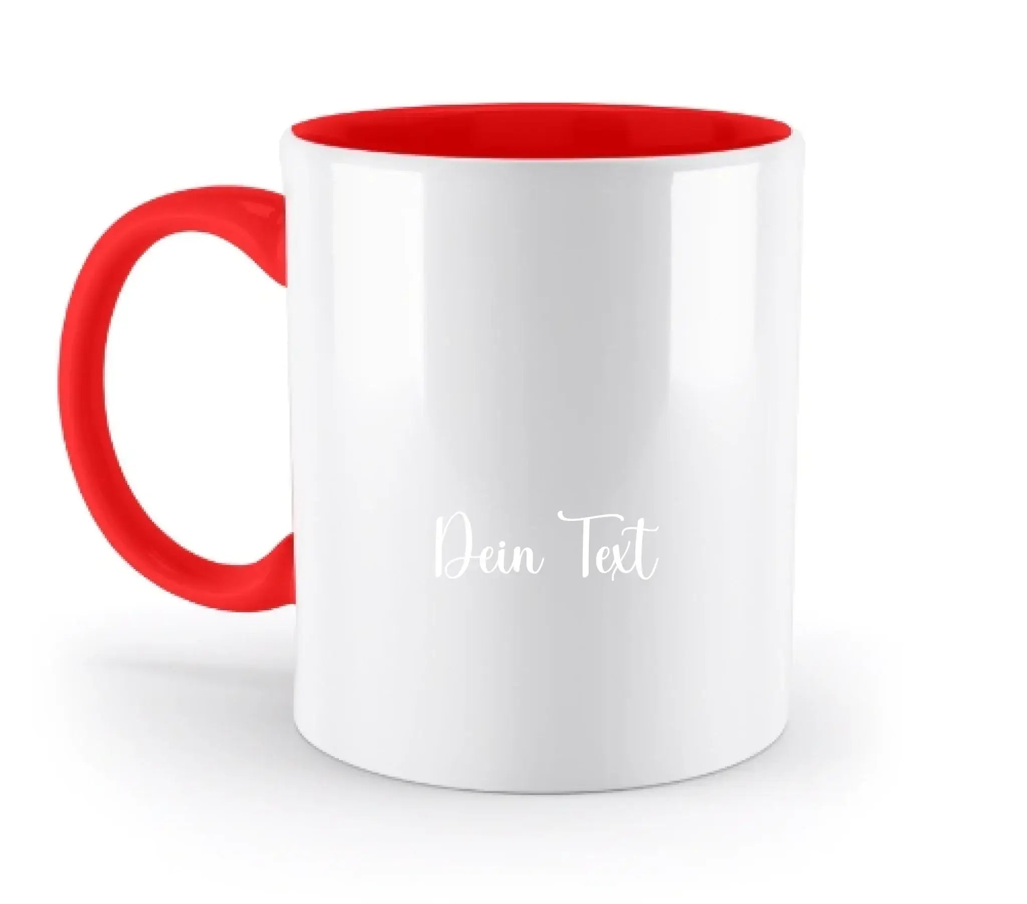 Weiße keramikfoto-tasse mit rotem griff und innenbereich mit deinem text in eleganter weißer schrift, personalisiertes fotogeschenk
