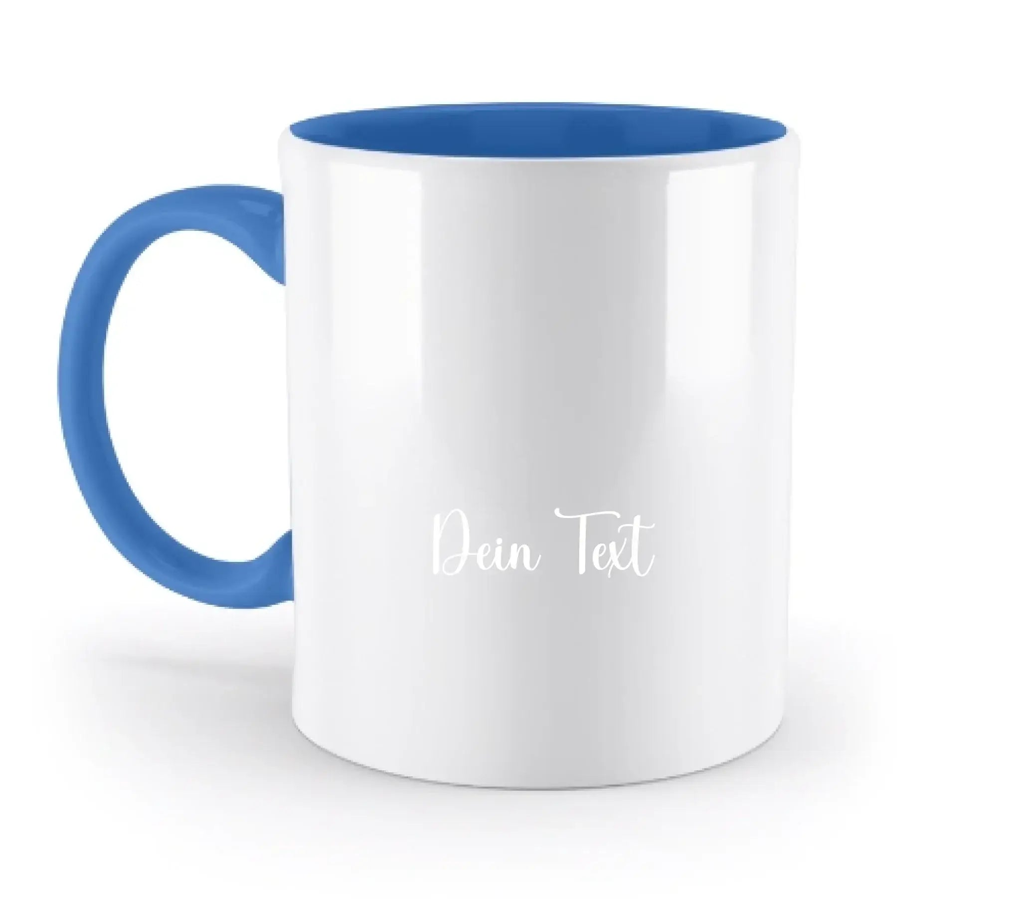 Weiße keramik foto-tasse mit blauem griff und innenfläche personalisiert mit weißem dein text im natur-cursivschriftstil
