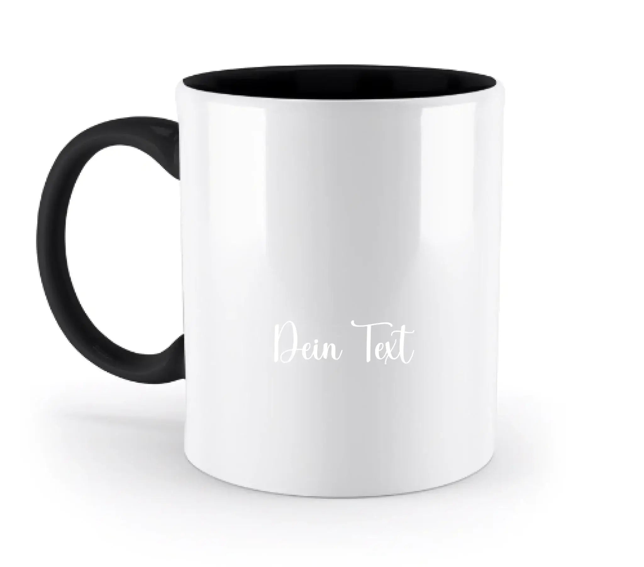 Weiße keramiktasse mit schwarzem griff und innenfarbe, subtile weiße schrift, personalisiertes fotogeschenk, 330ml