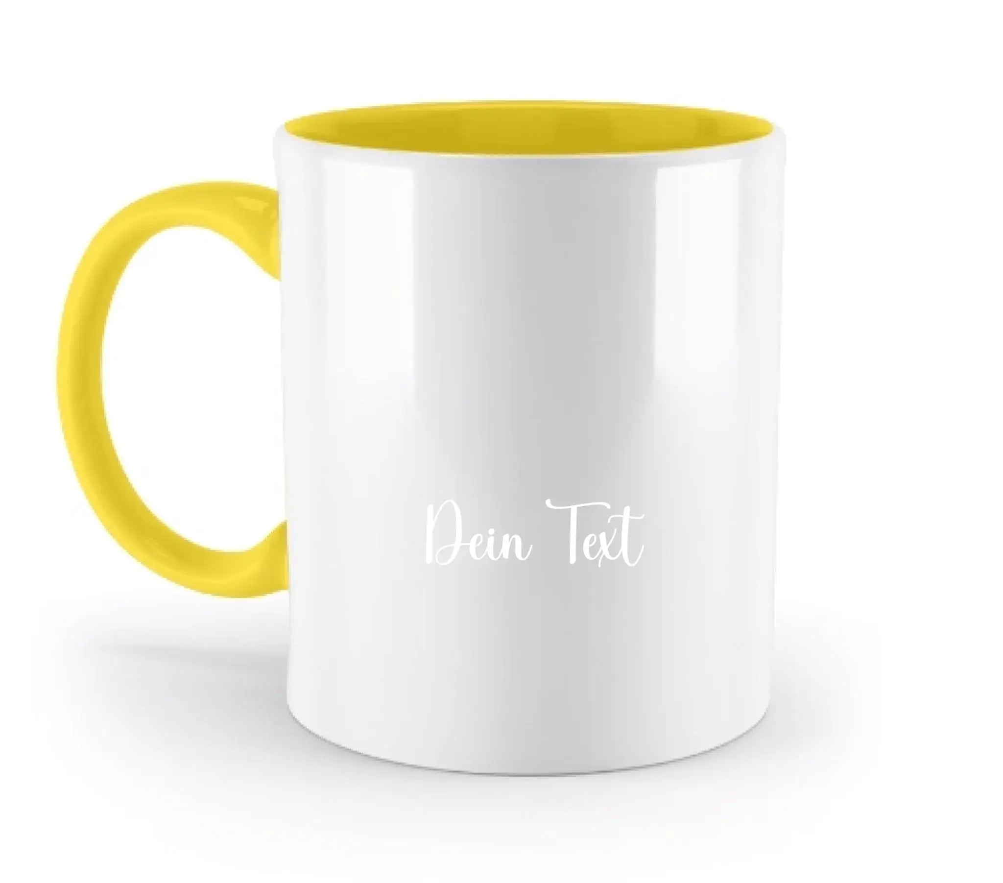 Weiße keramiktasse mit leuchtend gelbem griff und innenraum personalisiert mit dein text in weißer schrift