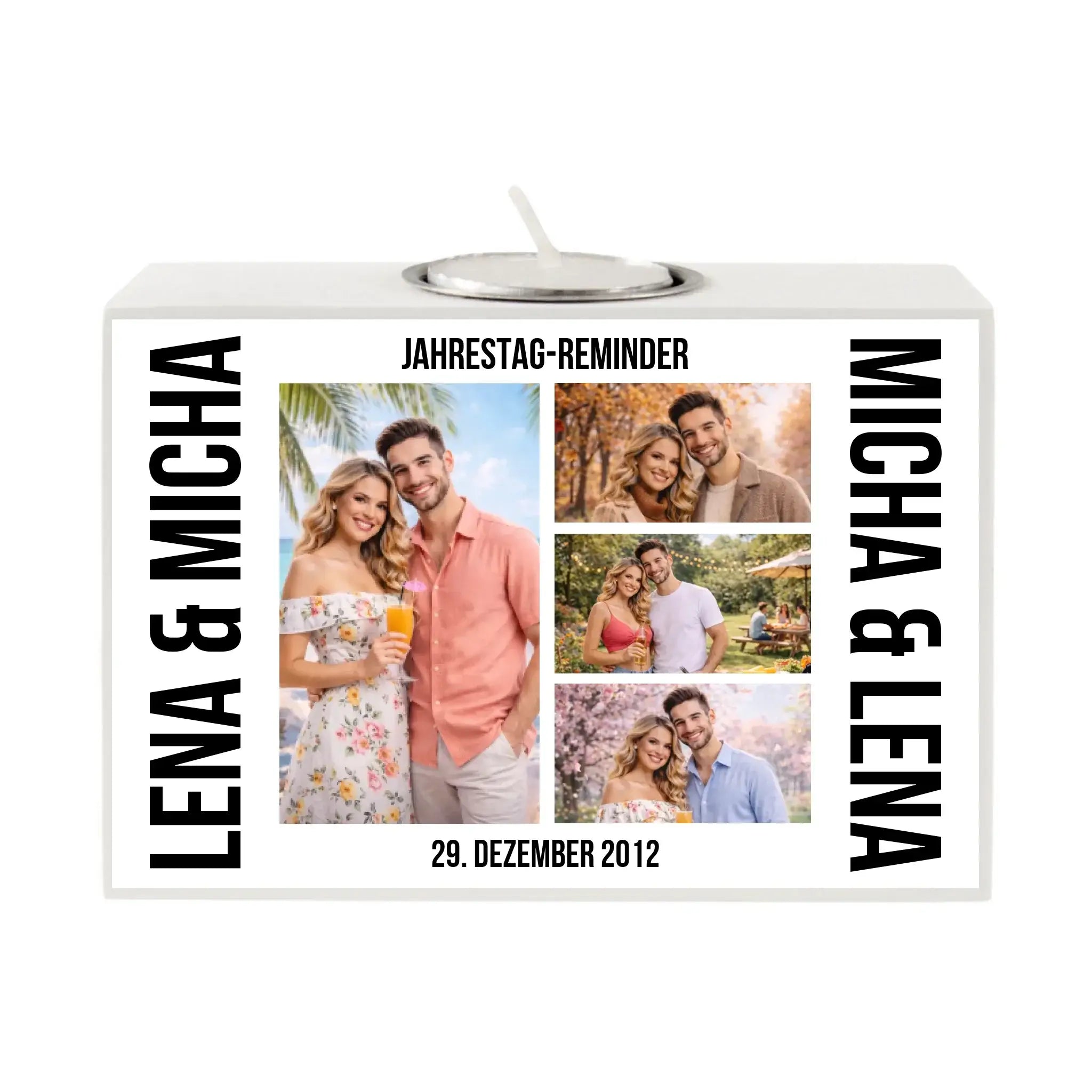Weiß rechteckiger foto-teelichthalter mit silbernem teelichtsockel personalisiert für lena und micha zum jubiläum