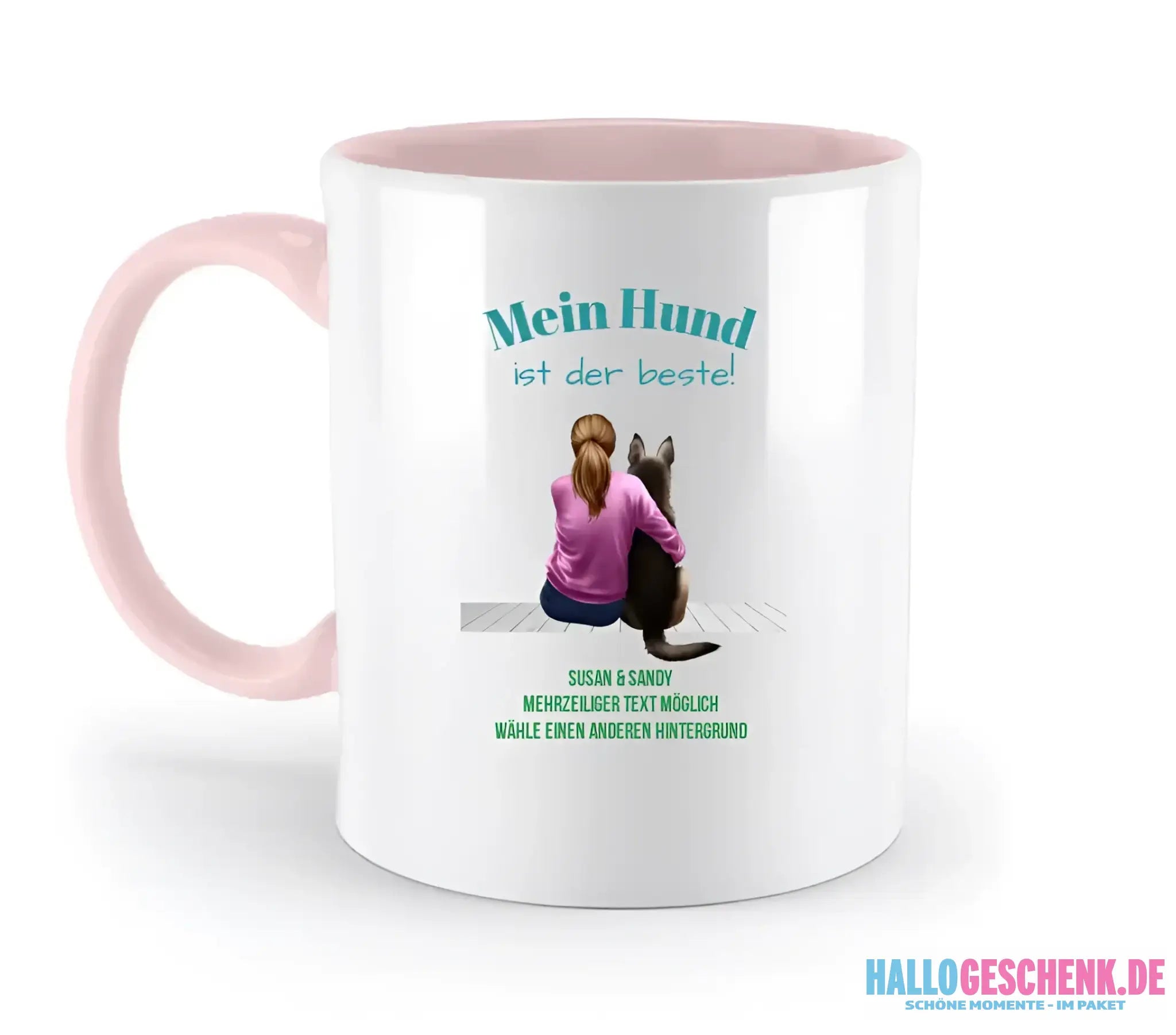 Frau mit Retriever oder Schäferhund, personalisierbar: Zweifarbige Tasse 330ml