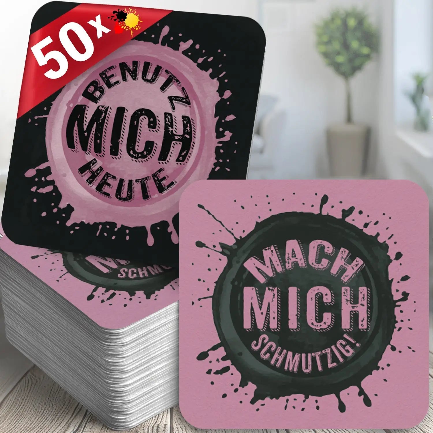 Freche Bierdeckel - 50er Set mit Zweideutigen Sprüchen ’Mach mich schmutzig’ & ’Benutz heute’
