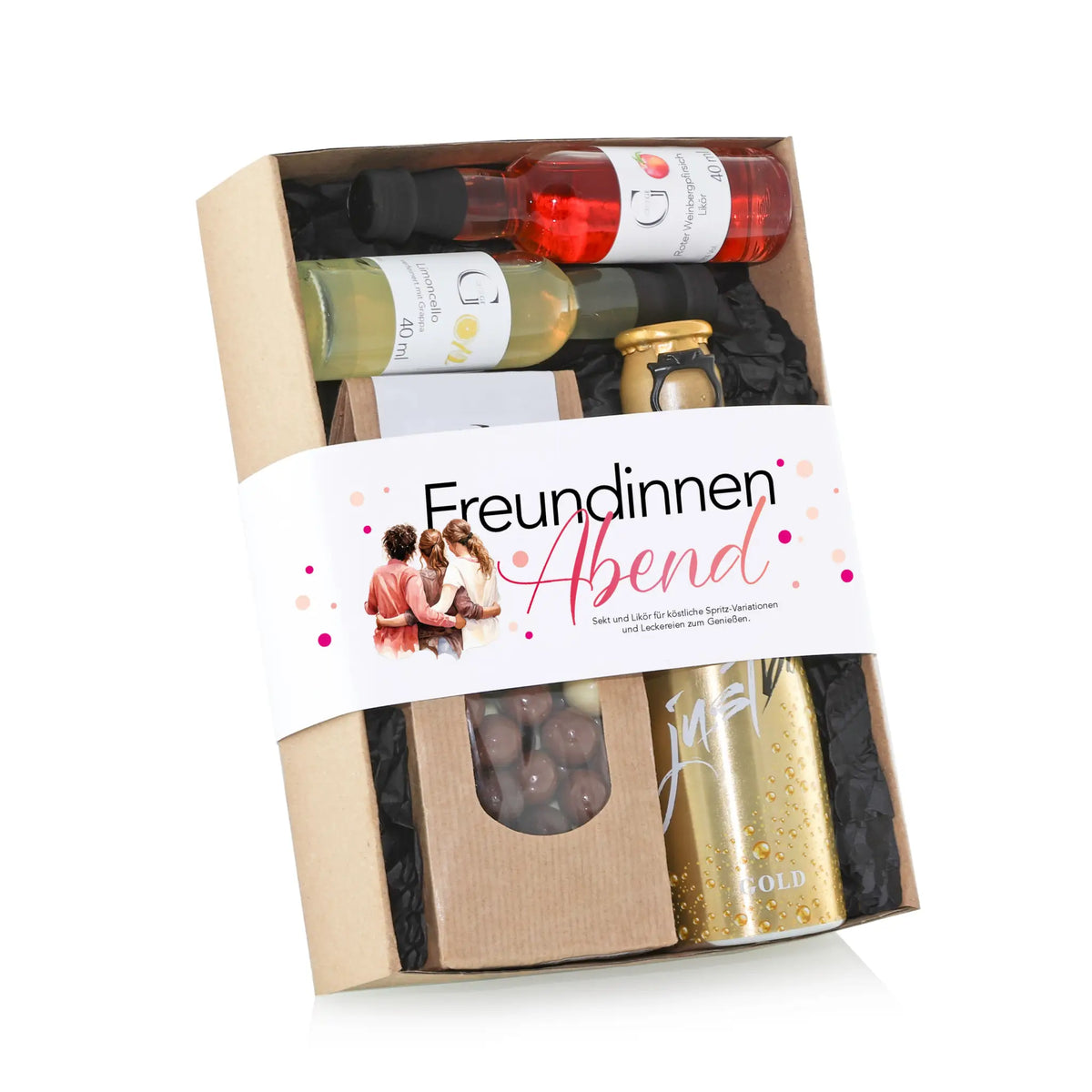 Eine goldfarbene jusel sprudelgetränkedose mit glänzendem finish und geprägtem logo im freundinnen abend geschenkset