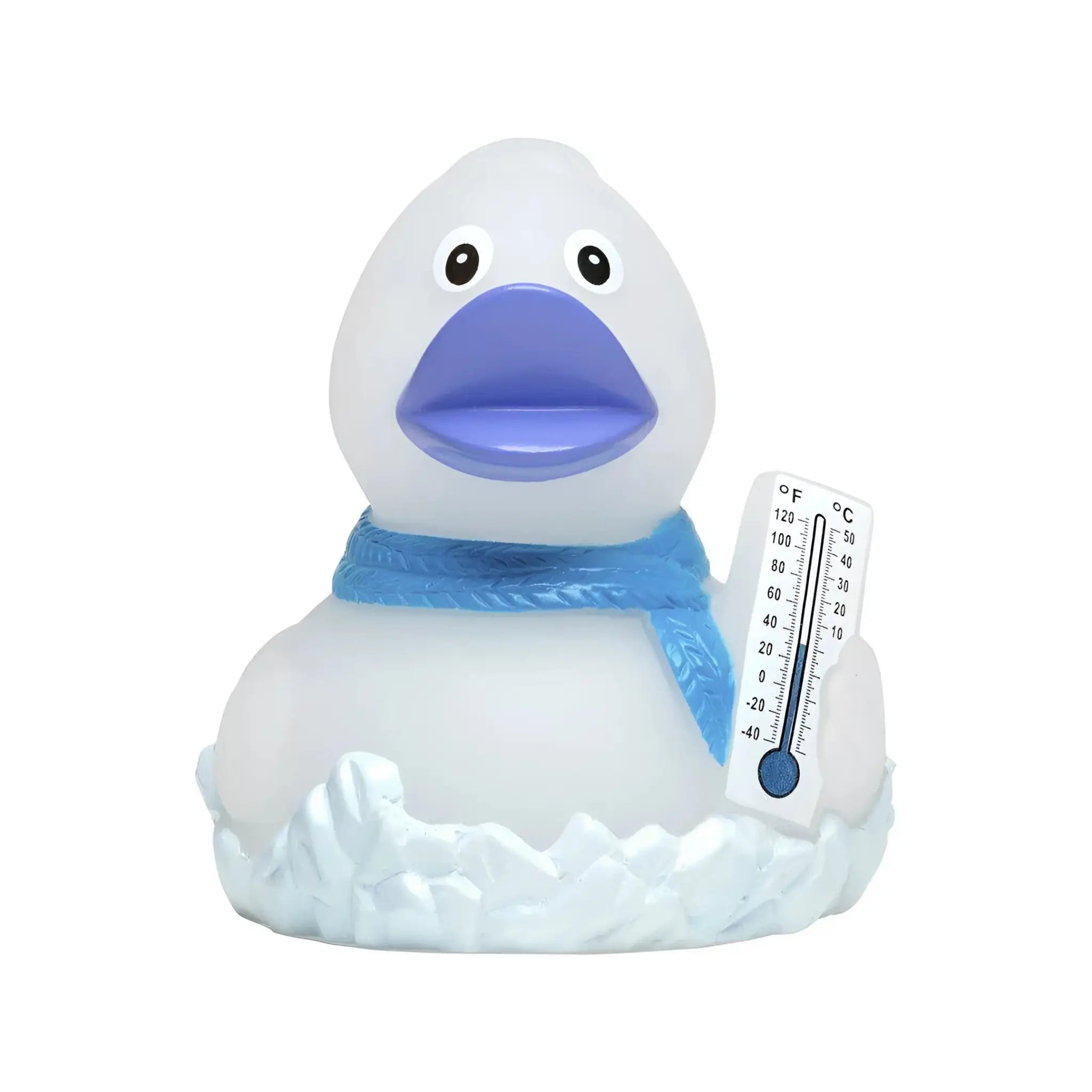Frosty quietsche-ente weiß mit blauem schnabel und schal hält thermometer badeente aus gummi