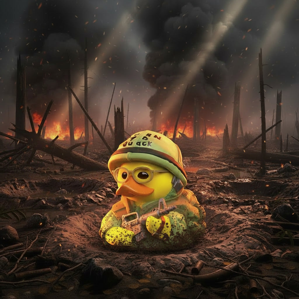 Gelbe gummiente in grüner militärhelm tornado quack mit brille und grauem spielzeuggewehr von full metal jacket tubbz inklusive schlüsselanhänger