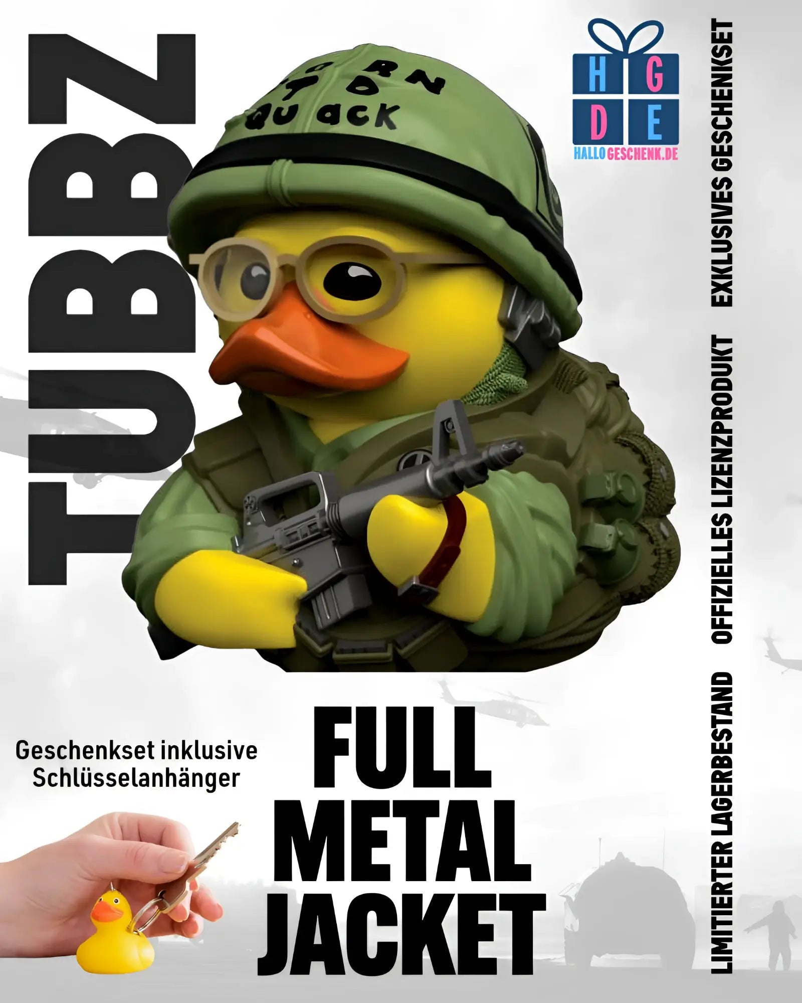 Gelbe gummiente full metal jacket tubbz sgt jt joker davis mit grünem helm, brille, weste und schwarzem gewehr, ca 9 cm