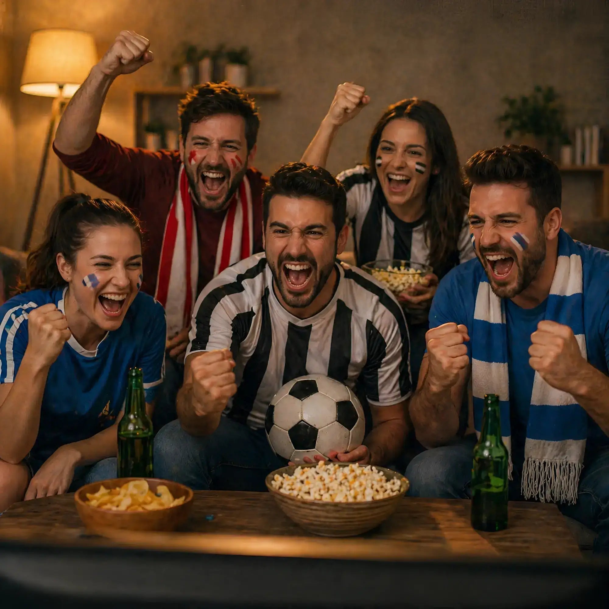 Fußball-bundle mit schwarzem und weißem fußball aus kunstleder gehalten von fan inmitten jubelnder gruppe