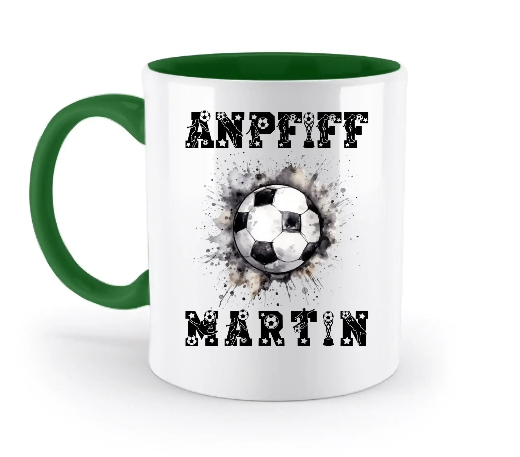 Weiße keramik-tasse mit grünem griff und innenfläche, fußball-design und den wörtern andpff und martin personalisiert