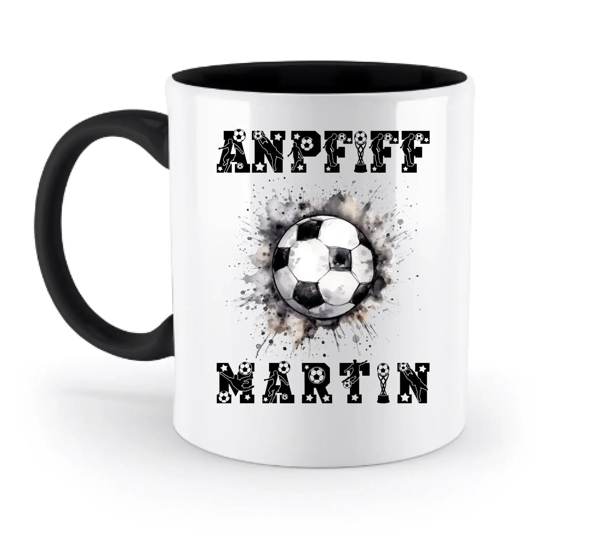 Weiß ceramic mug with black handle and interior featuring a black and white soccer ball design from fußball statement collection