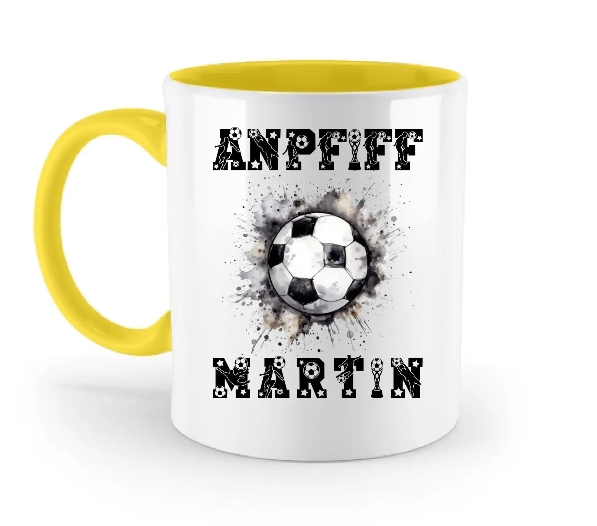 Weiß keramiktasse mit gelbem griff und innenfarbe mit fußball grafik und andpff martin text personalisiert