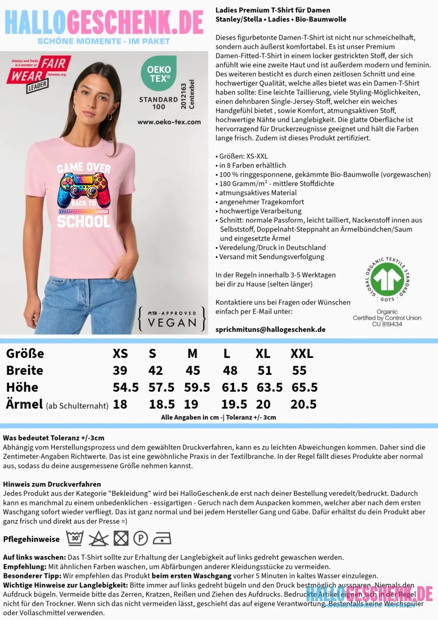 GAME OVER • BACK TO SCHOOL • Schule • Schulanfang • Ladies Premium T-Shirt XS-2XL aus Bio-Baumwolle für Damen • Exklusivdesign • personalisiert