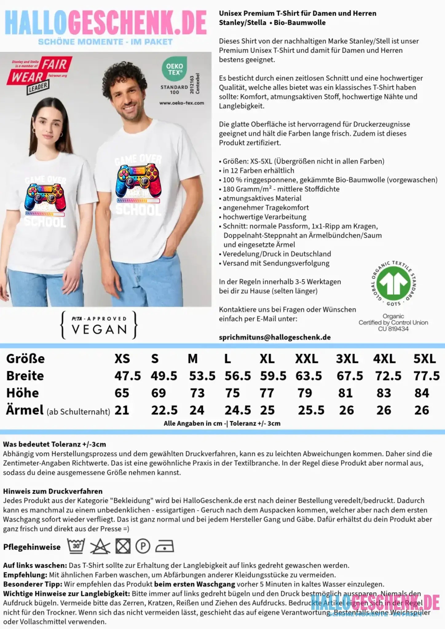 GAME OVER • BACK TO SCHOOL • Schule • Schulanfang • Unisex Premium T-Shirt XS-5XL aus Bio-Baumwolle für Damen & Herren • Exklusivdesign • personalisiert