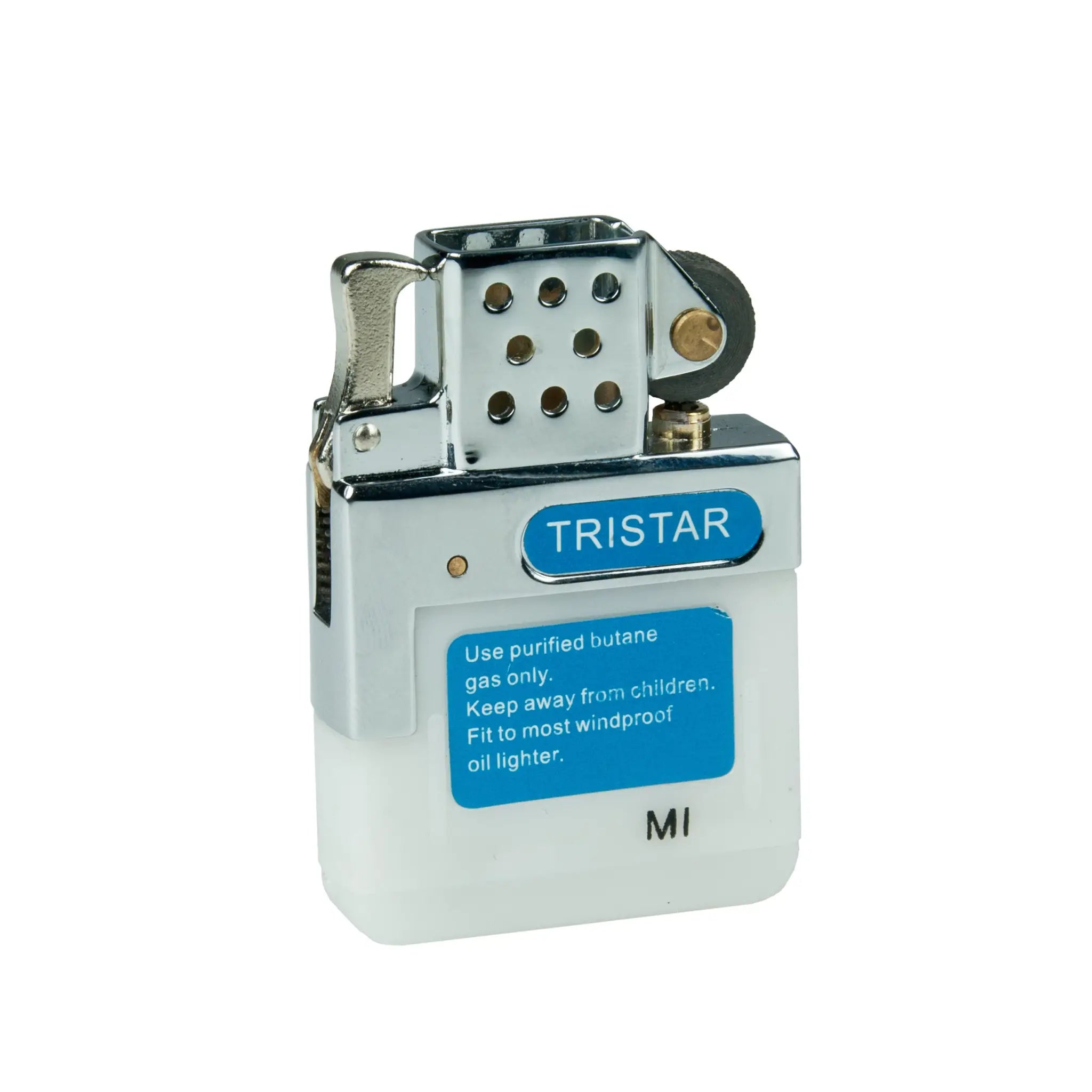 Silber weißer tristar butan-feuerzeug mit chrom finish und blauer sicherheitskennzeichnung für zippo und star gas-einsatz