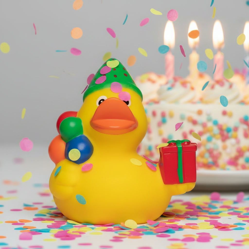 Gelbe quietsche-ente mit grünem partyhut hält bunte luftballons und rotes geschenk zum geburtstag