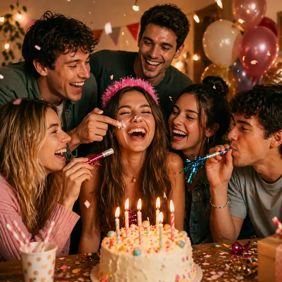 Ein Geburtstagskuchen mit weißem Zuckerguss, bunten Streuseln und angezündeten Kerzen.