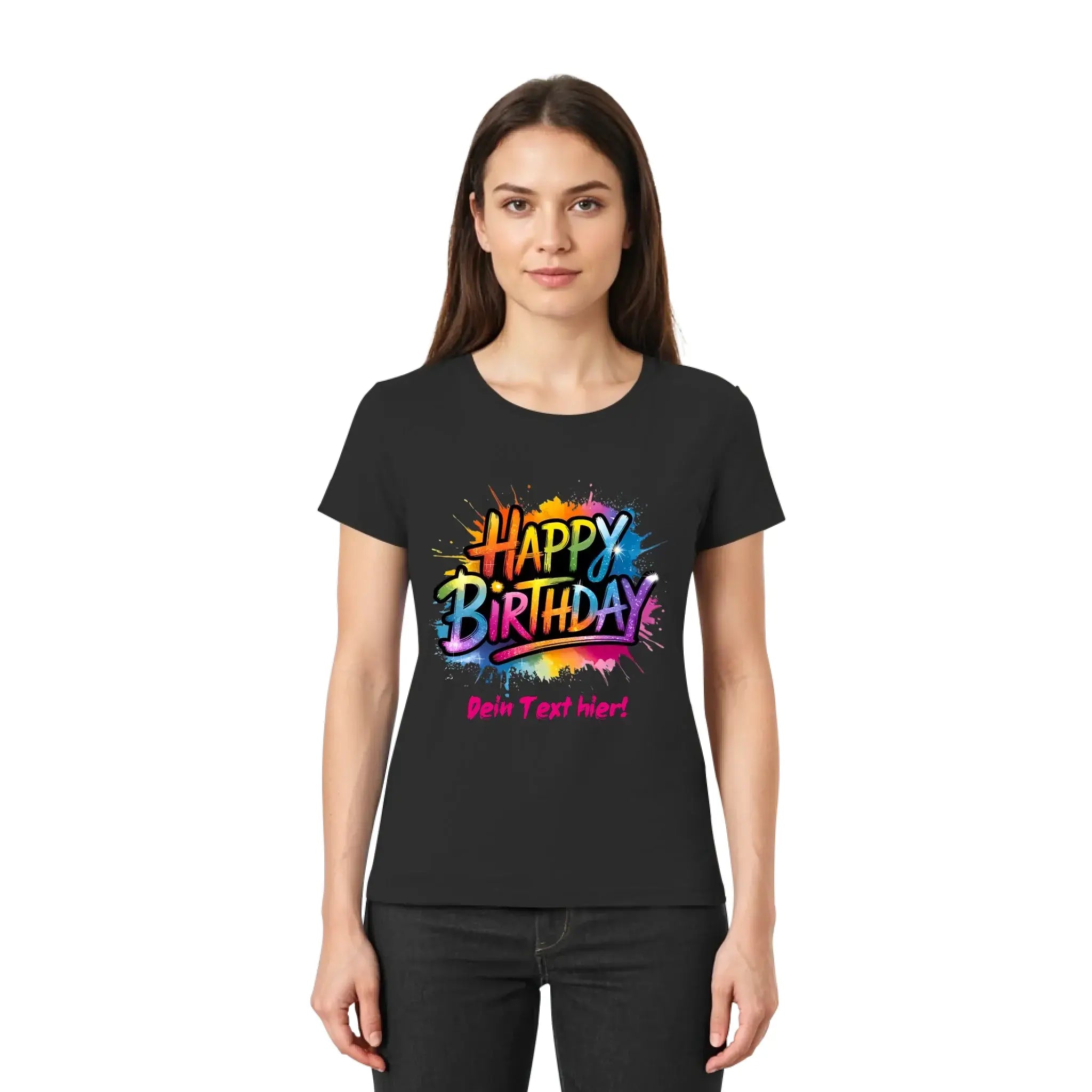 Schwarzes kurzarmshirt mit buntem happy birthday motiv und anpassbarem wunschtext aus der statement collection