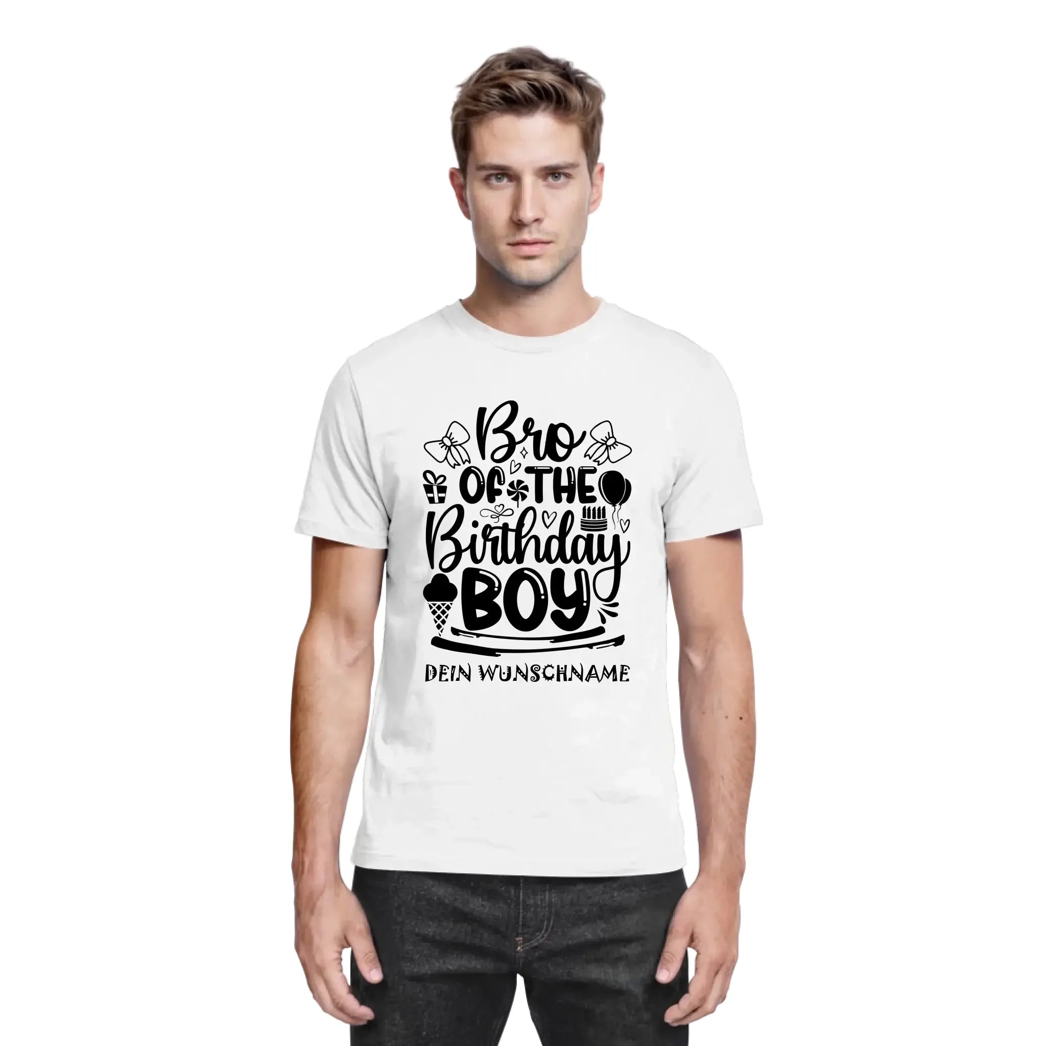 Weißes baumwoll t shirt bro of the birthday boy mit schwarzem grafikdruck und geburtstagsmotiven personalisiert
