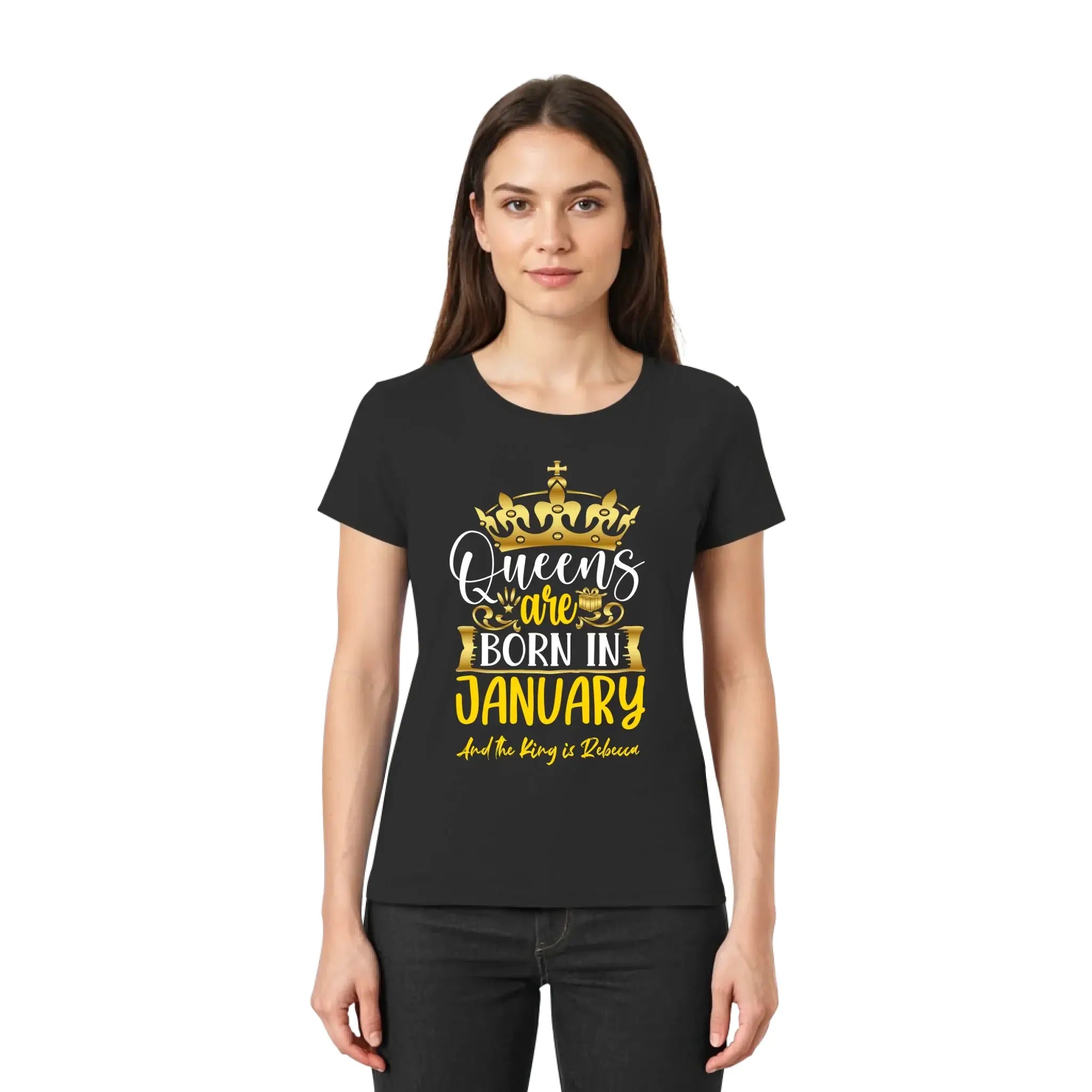 Schwarzes kurzarmshirt mit goldenem kronenmotiv und text geburtstag motiv 8 queens personalisiert mit wunschtext