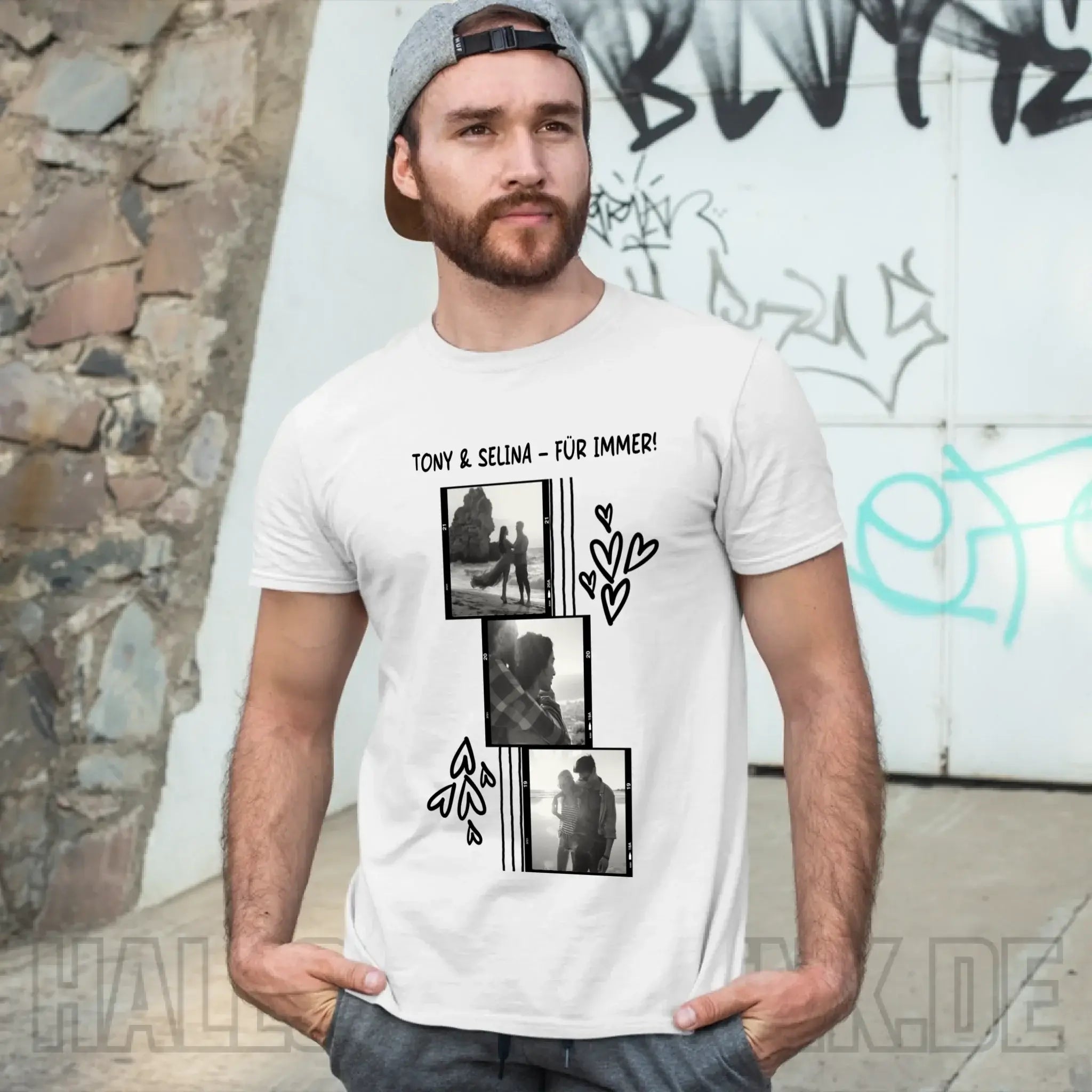 Weißes unisex bio-baumwoll t-shirt von stanley stella mit schwarzem vintage foto-print und herzmotiven