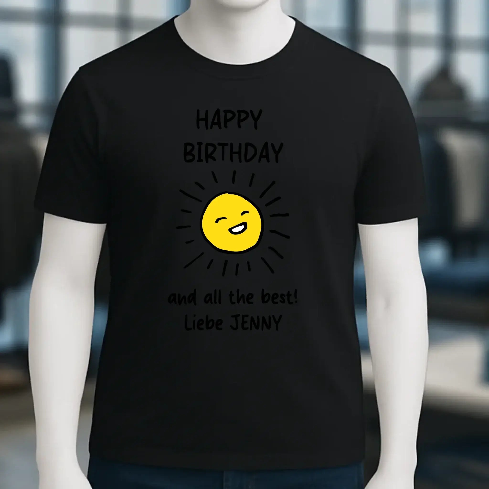 Schwarzes bio-baumwolle unisex t-shirt mit fröhlicher gelber lächelnder sonne und happy birthday text von creator 2.0 stanley stella