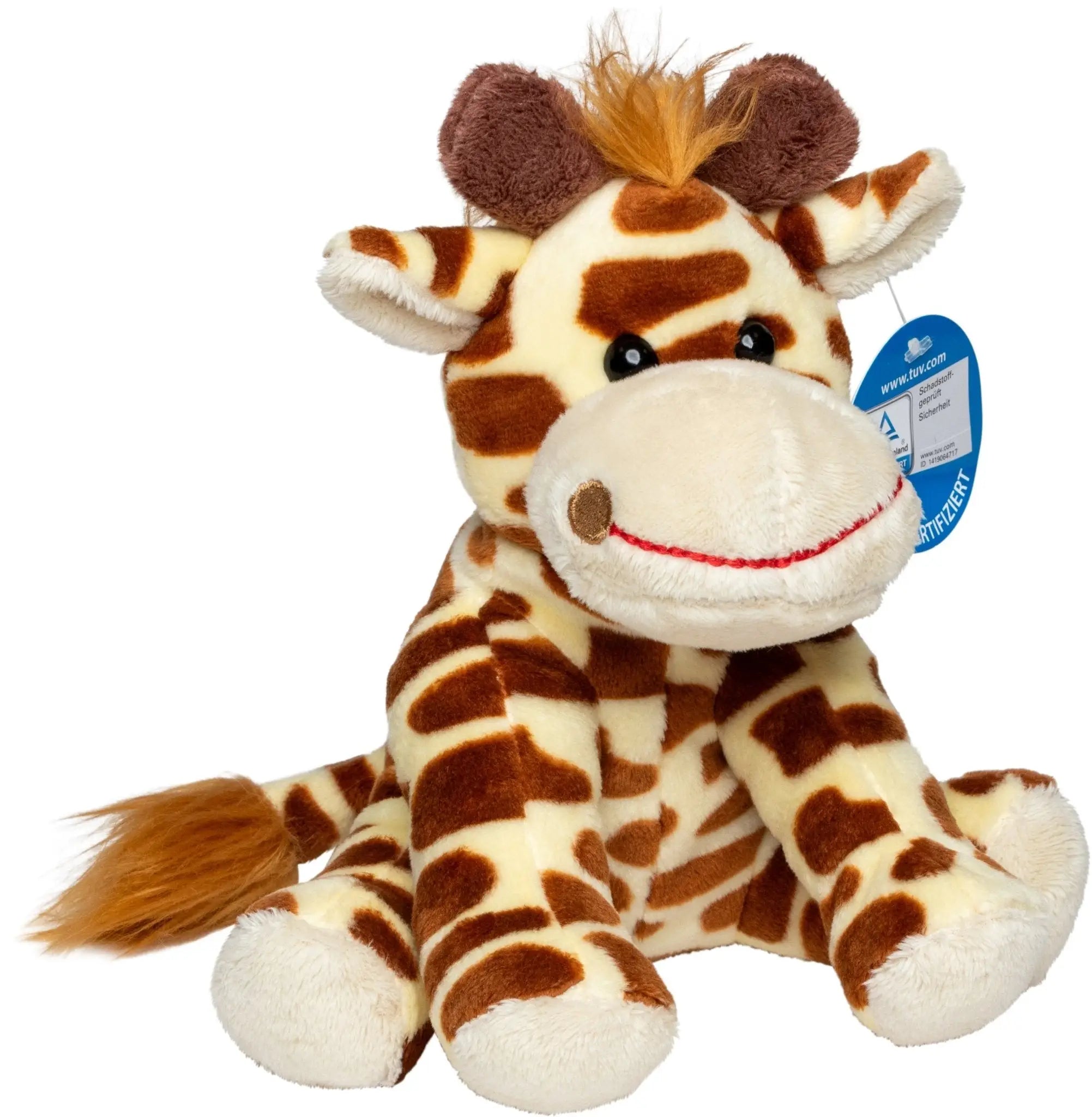 plüschtier giraffe gabi mit braun-cremefarbenem fell, weichen stoffohren und einer buschigen mähne
