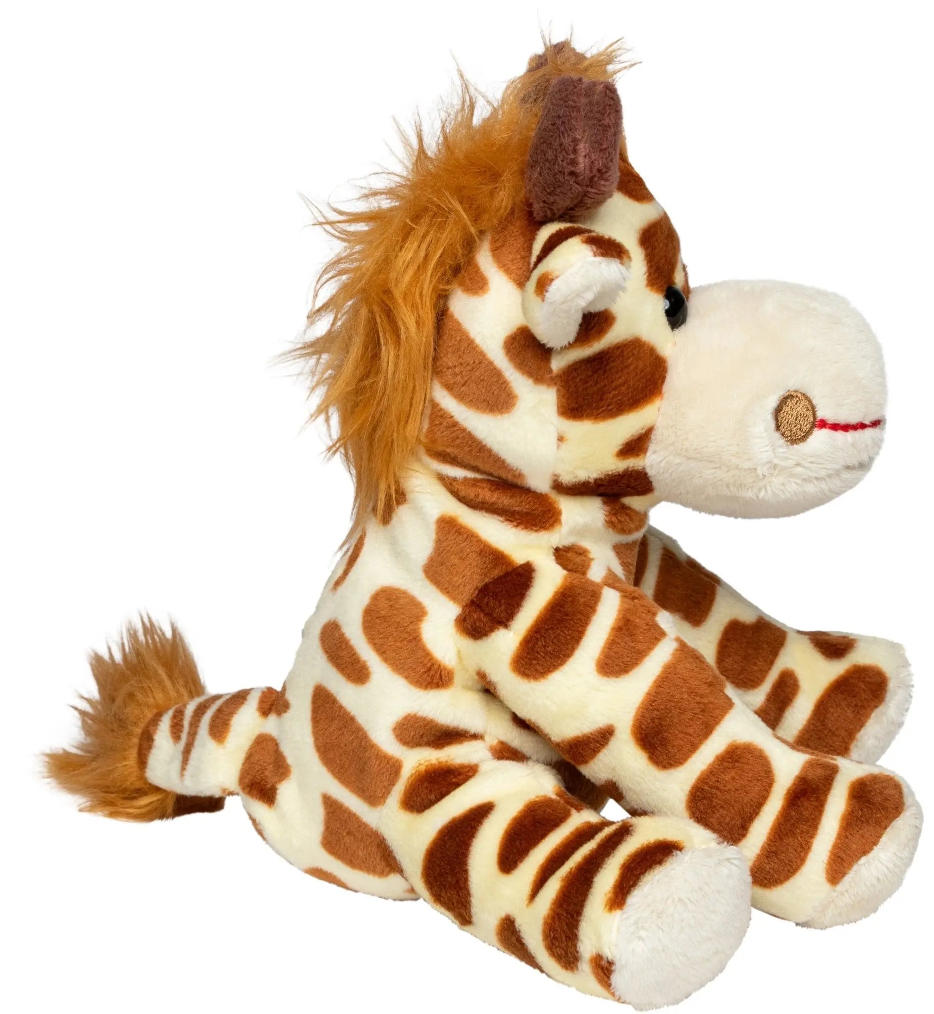 plüschtier giraffe gabi mit cremefarbenem körper braunen flecken und flauschiger orange mähne und schwanz