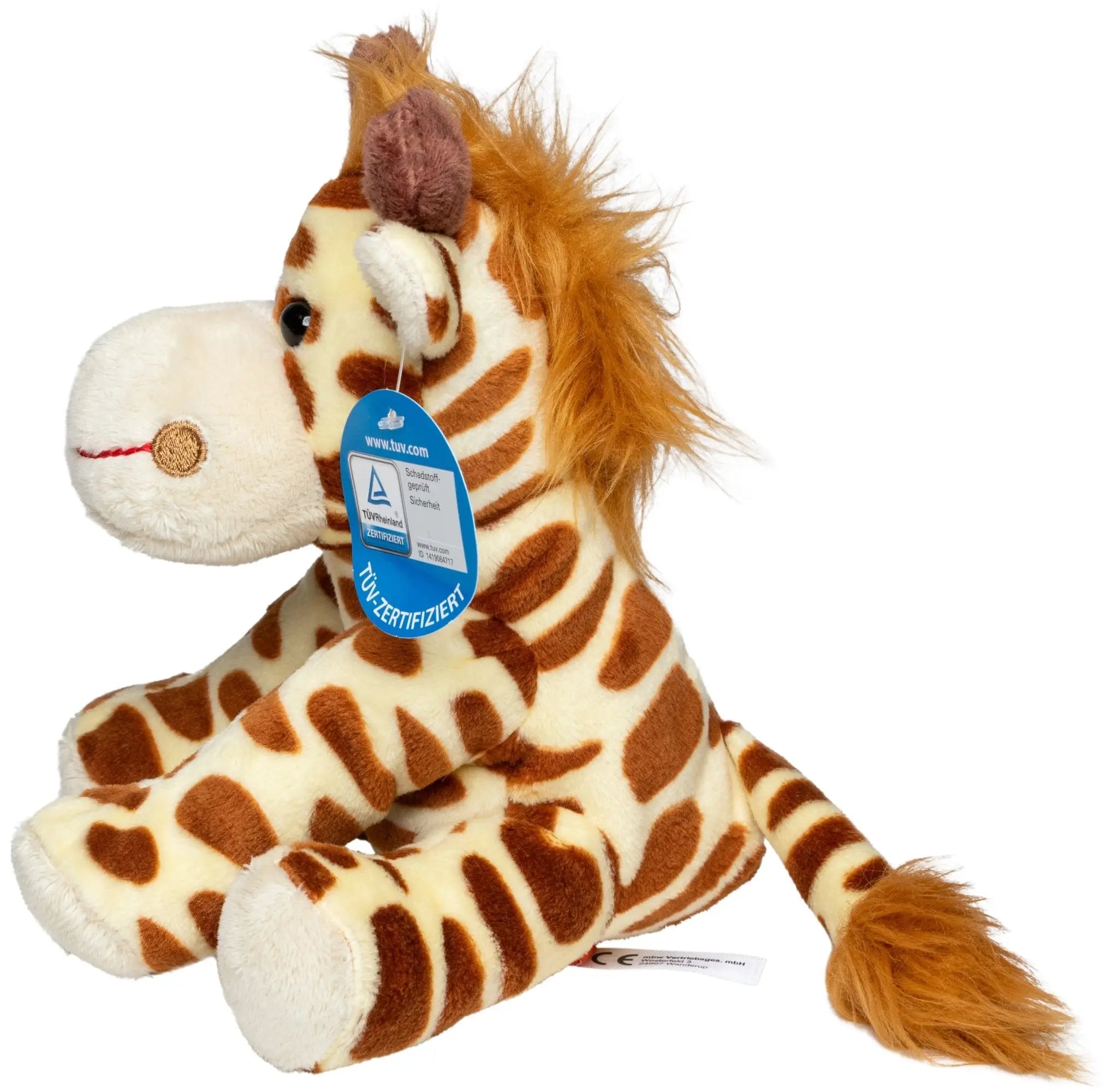 plüschtier giraffe gabi mit braun-cremefarbenen streifen, weichem fell und wuschelmähne