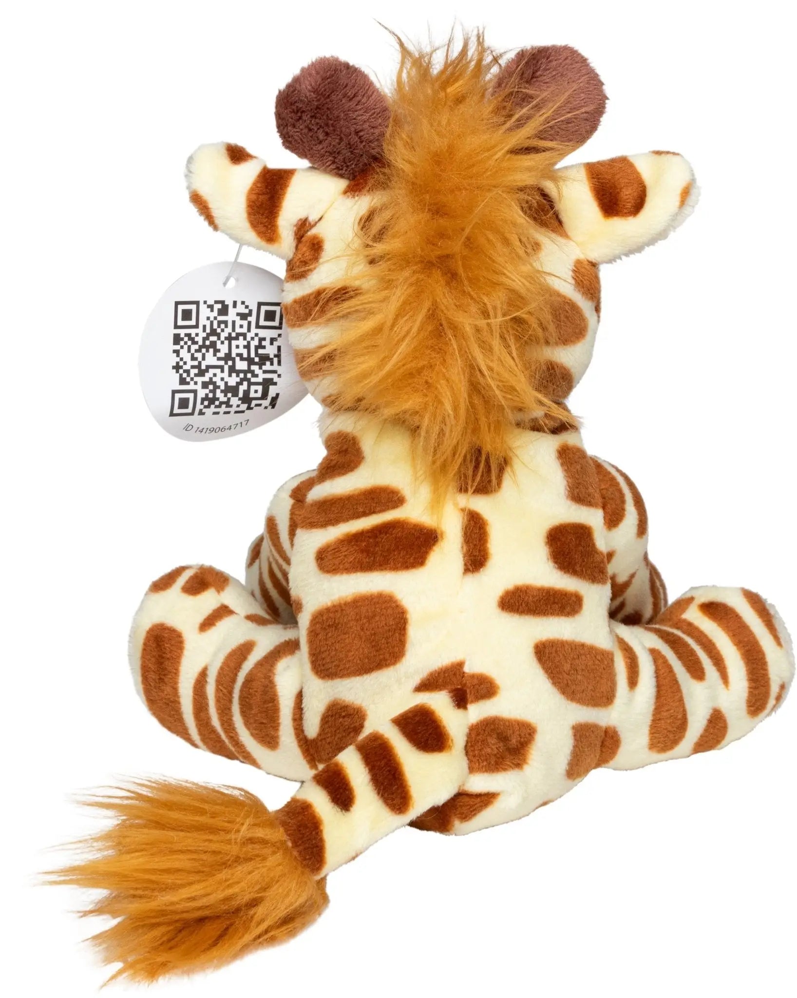 Kuscheliges plüschtier giraffe gabi mit cremefarbenem körper, braunen punkten und flauschiger oranger mähne und schwanz