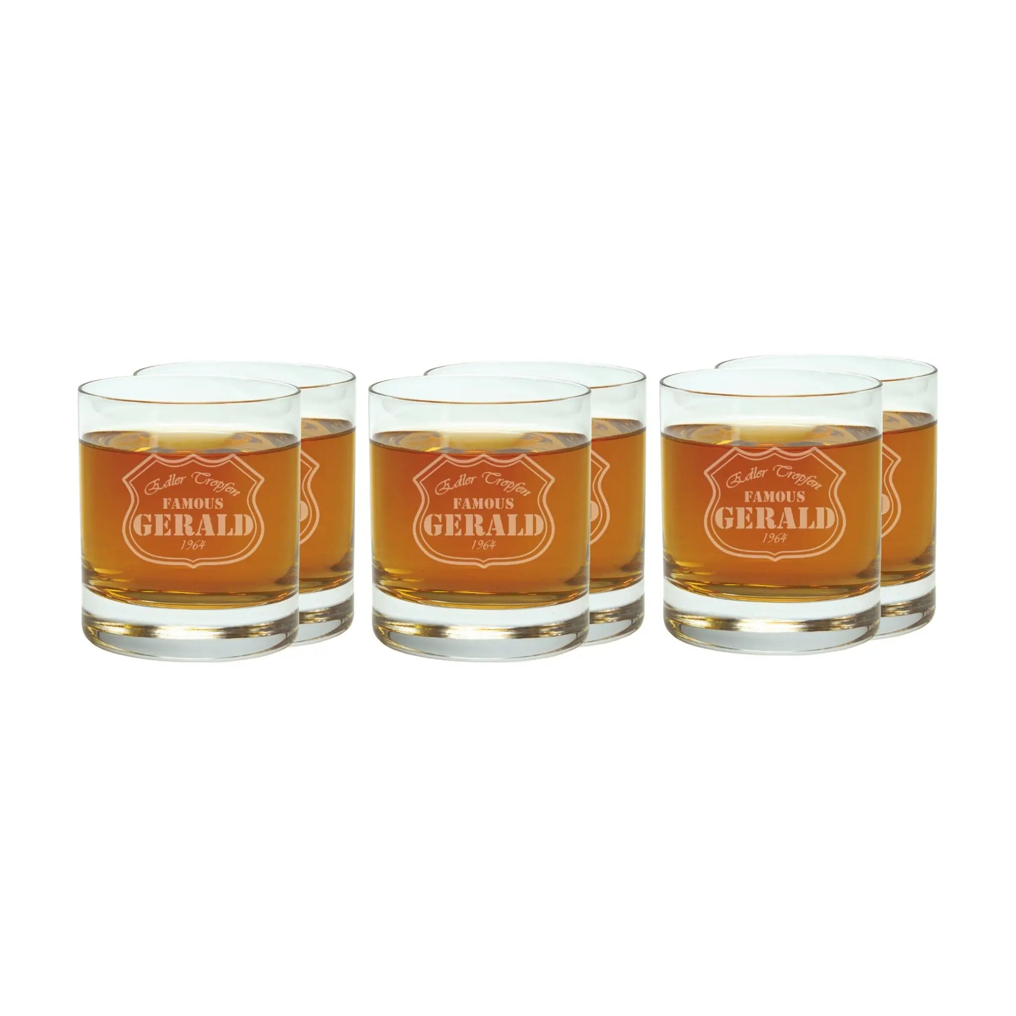 Set aus sechs klaren whiskeygläsern mit graviertem schildmotiv und goldrand personalisiert mit famous gerald 1964