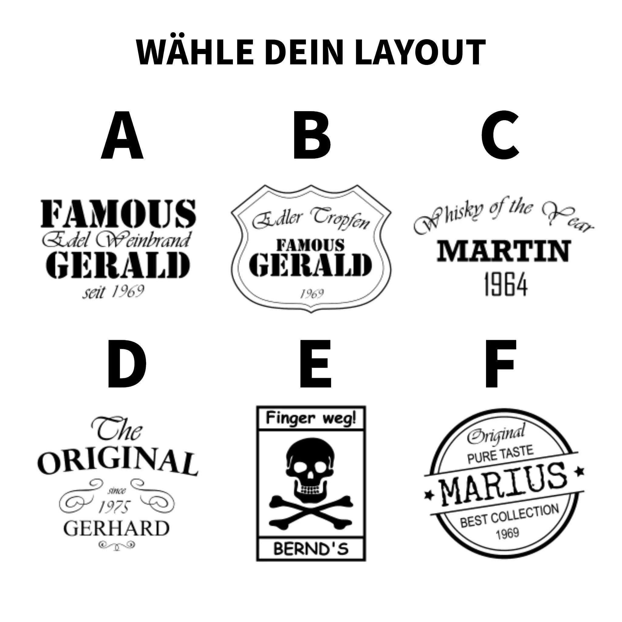 Schwarze weiße grafik mit sechs Logo designs bis f zur glas mit gravur whiskey style 320 ml auswahl