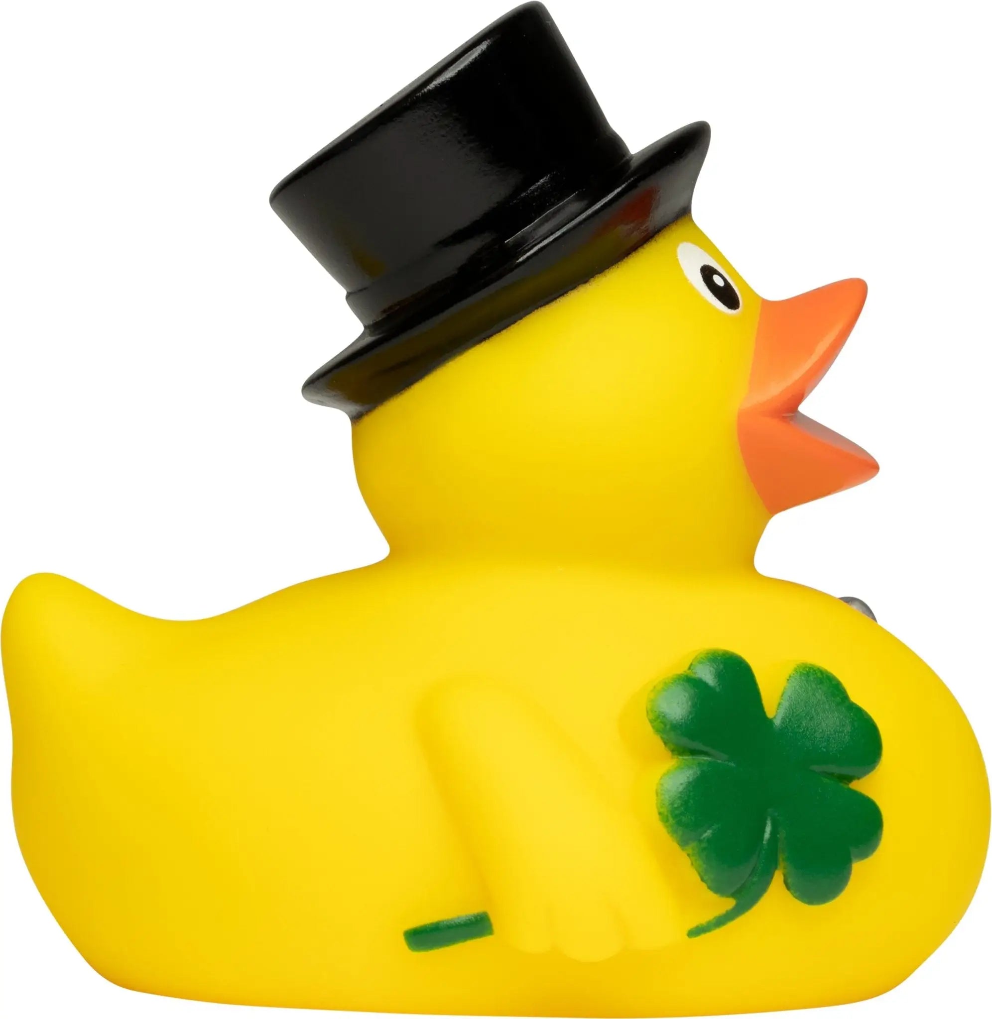 Gelbe badeente mit schwarzem zylinder und grünem vierblättrigem kleeblatt als glücksbringer