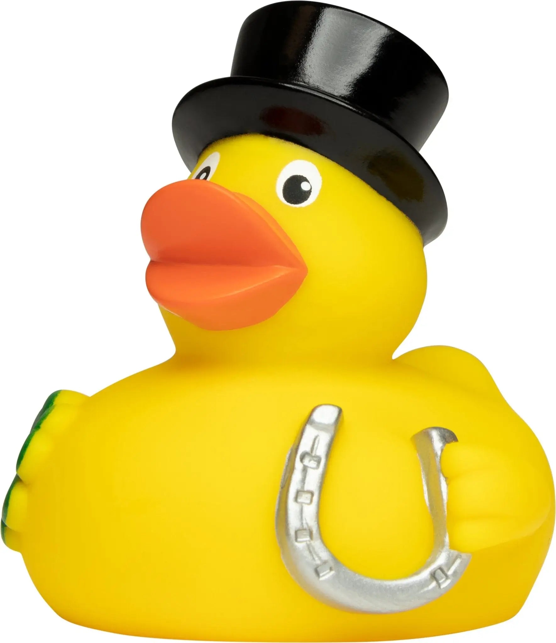 Gelbe quietsche-ente mit schwarzem zylinder und silbernem hufeisen als glücksbringer badeente