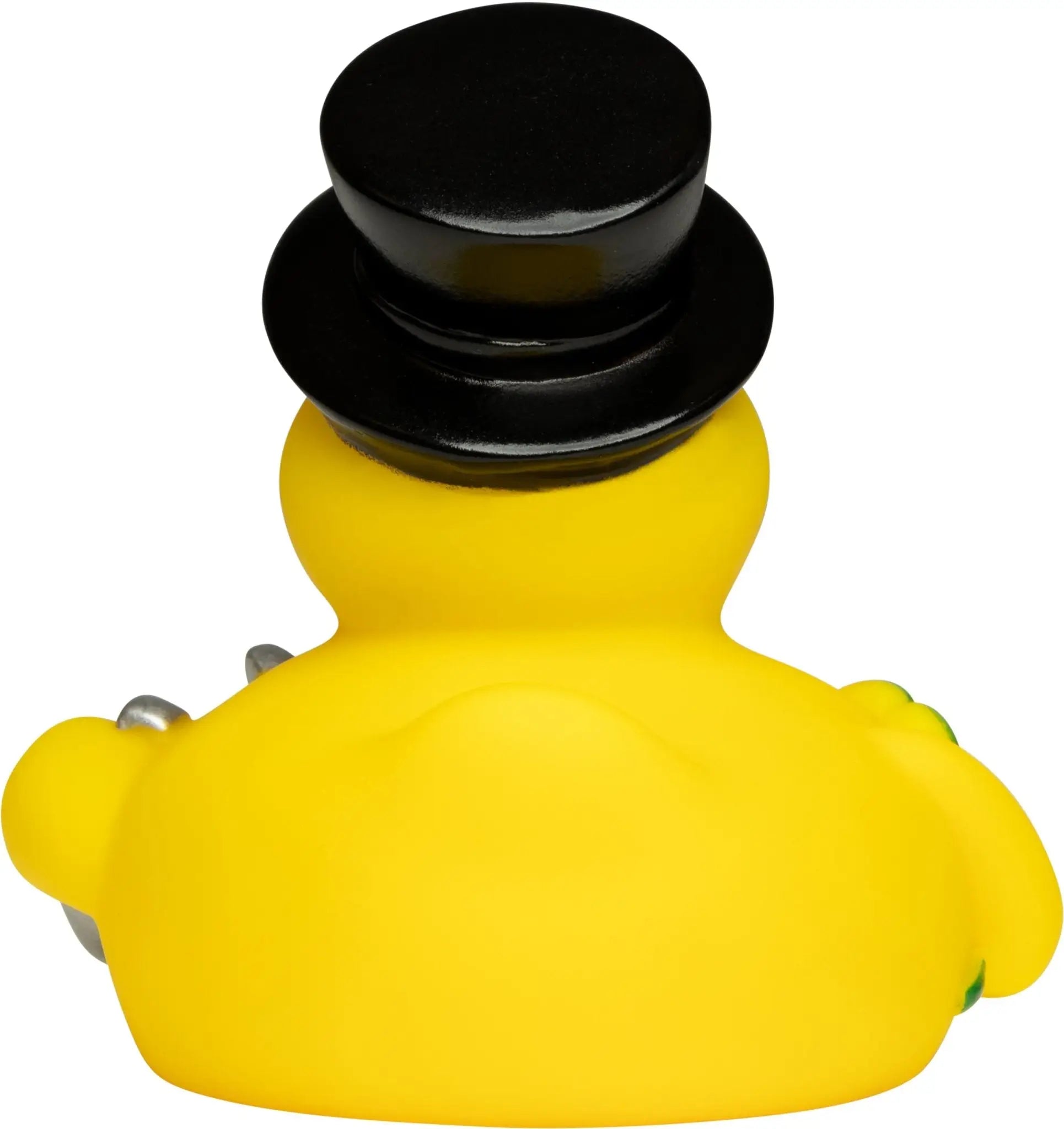 Gelbe quietsche-ente mit schwarzem zylinder als glücksbringer badeente aus gummi