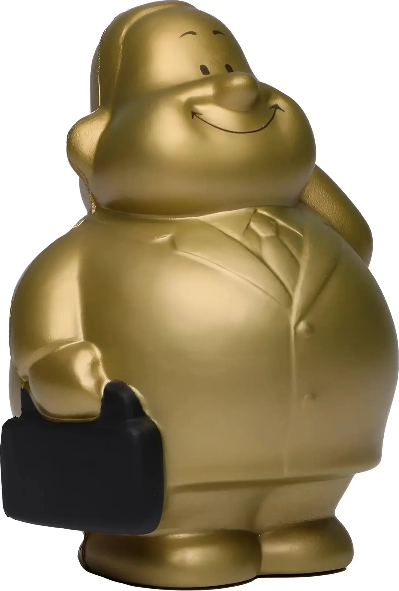 Gold bert anti-stress-quetsch-figur glänzende goldfarbene geschäftsmann-figur mit schwarzer aktentasche und lächeln