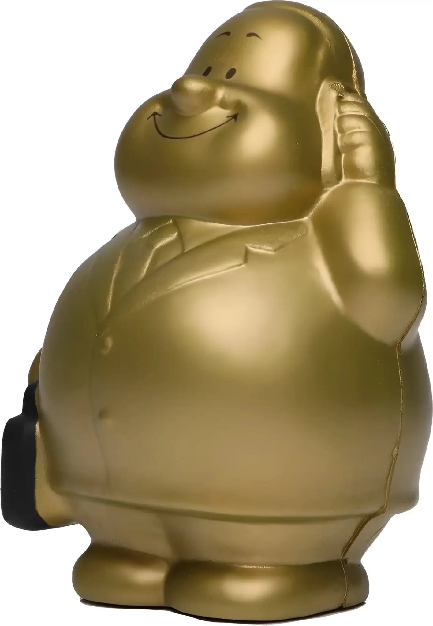 Gold bert anti-stress-quetsch-figur glänzende goldene figur eines lächelnden geschäftsmanns mit aktentasche