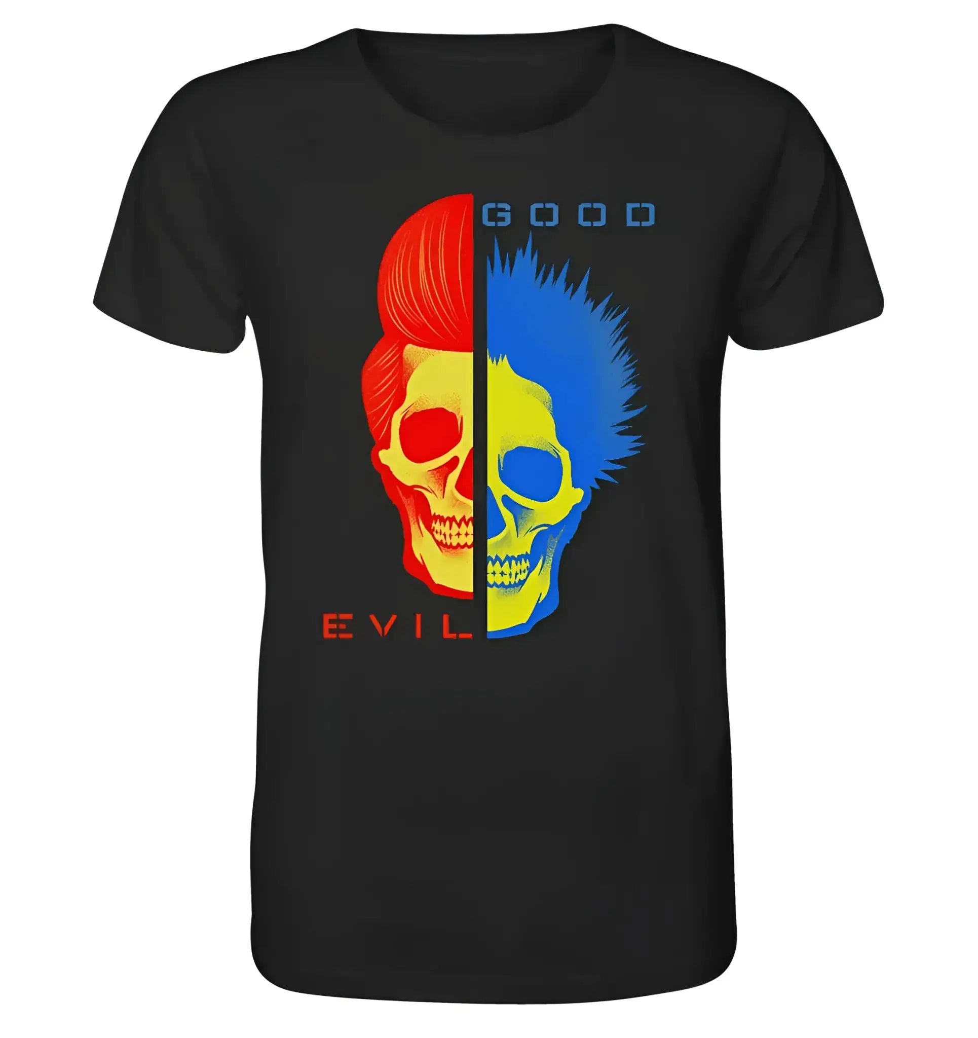 Schwarzes good n evil organic shirt mit geteiltem schädel in rot gelb evil und blau gelb good