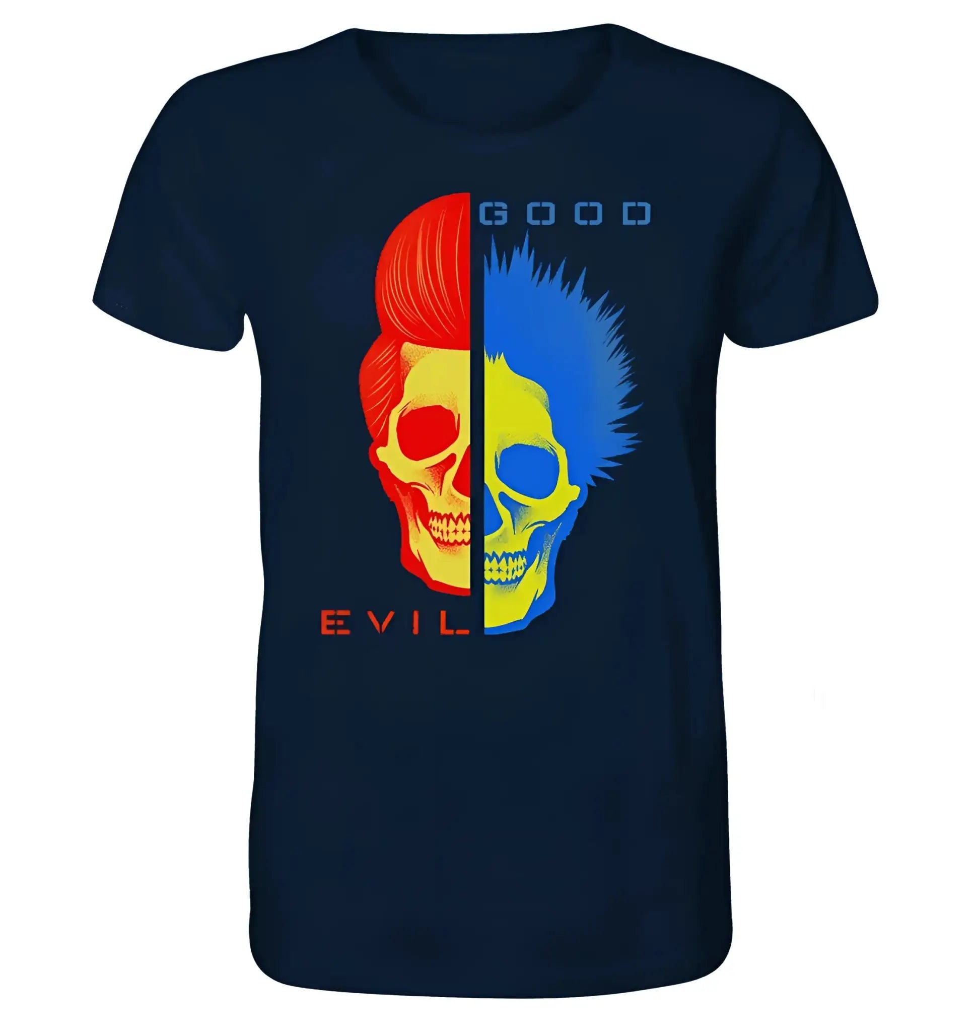Navyblaues goodn evil bio shirt mit geteiltem totenkopf in rot gelb evil und blau gelb good motiv