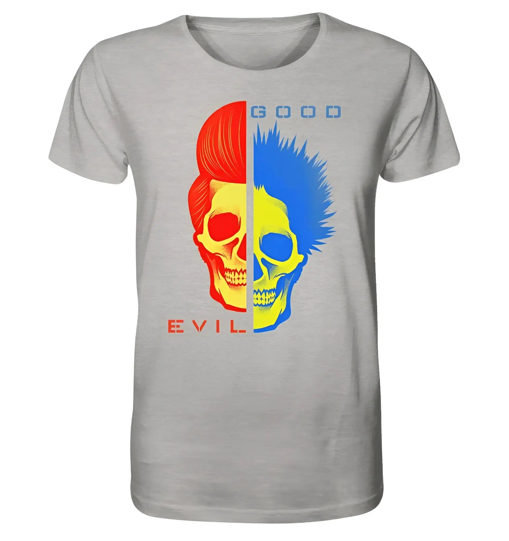 Graues bio baumwollshirt good n evil mit geteiltem schädelmotiv rot gelb böse blau gelb gut