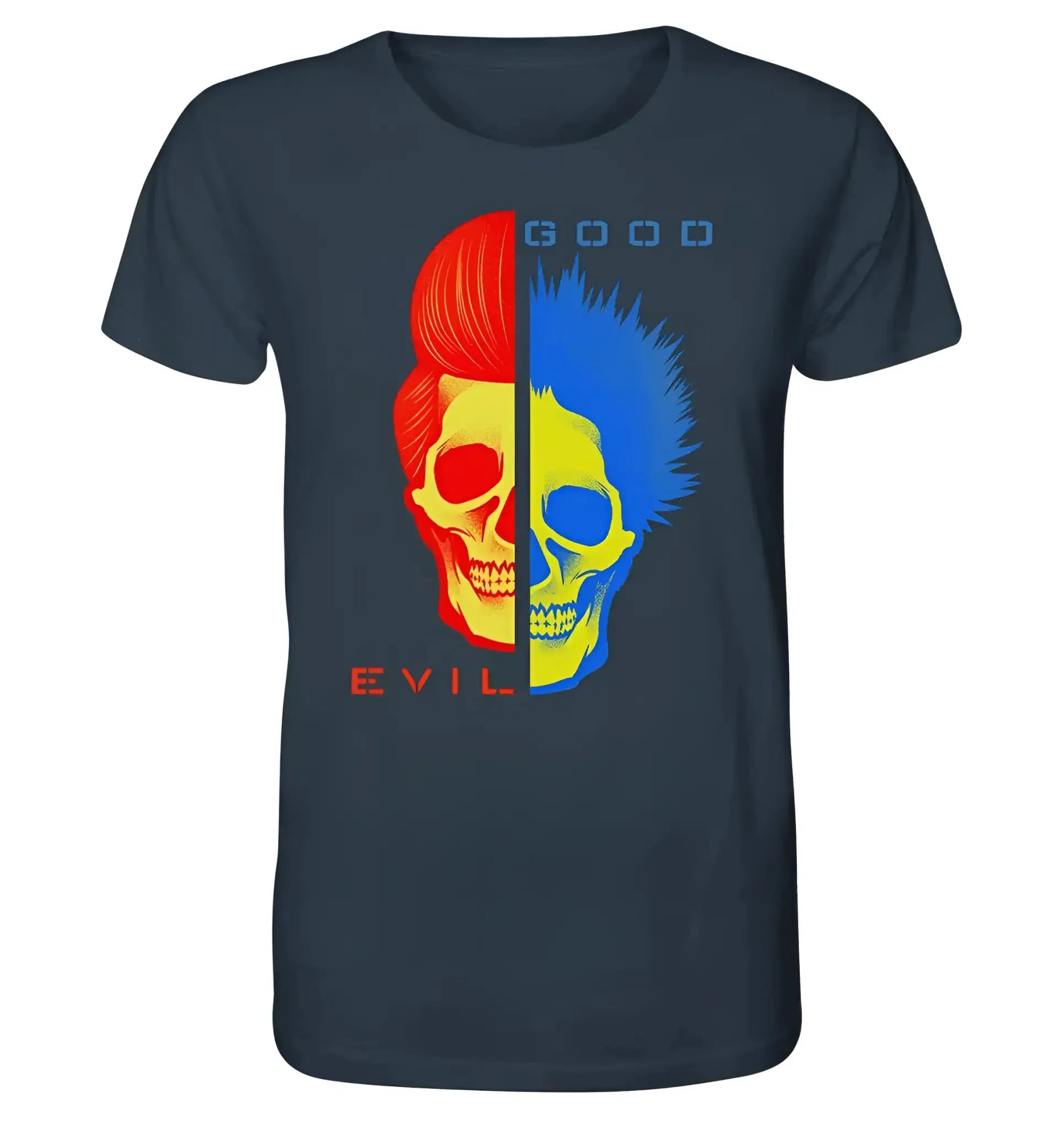 Dunkelblaues good n evil bio t shirt mit gespaltenem schädelmotiv in rot gelb evil und blau gelb good