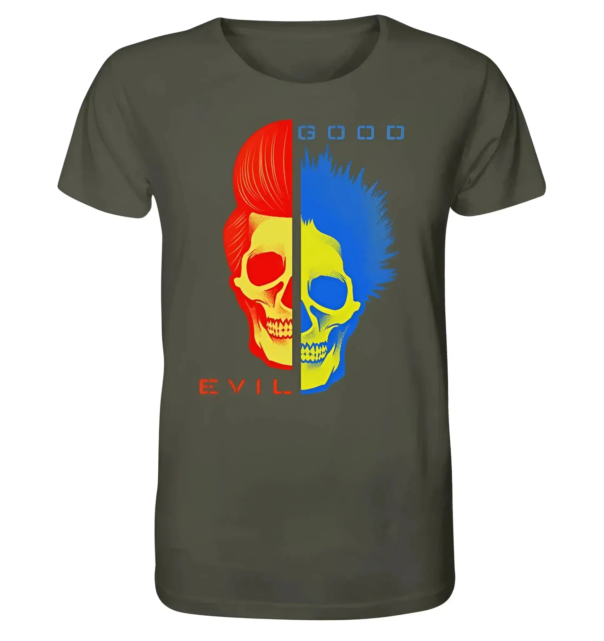 Dark olive grün organic shirt mit short sleeves und good n evil split skull Design in rot blau und gelb