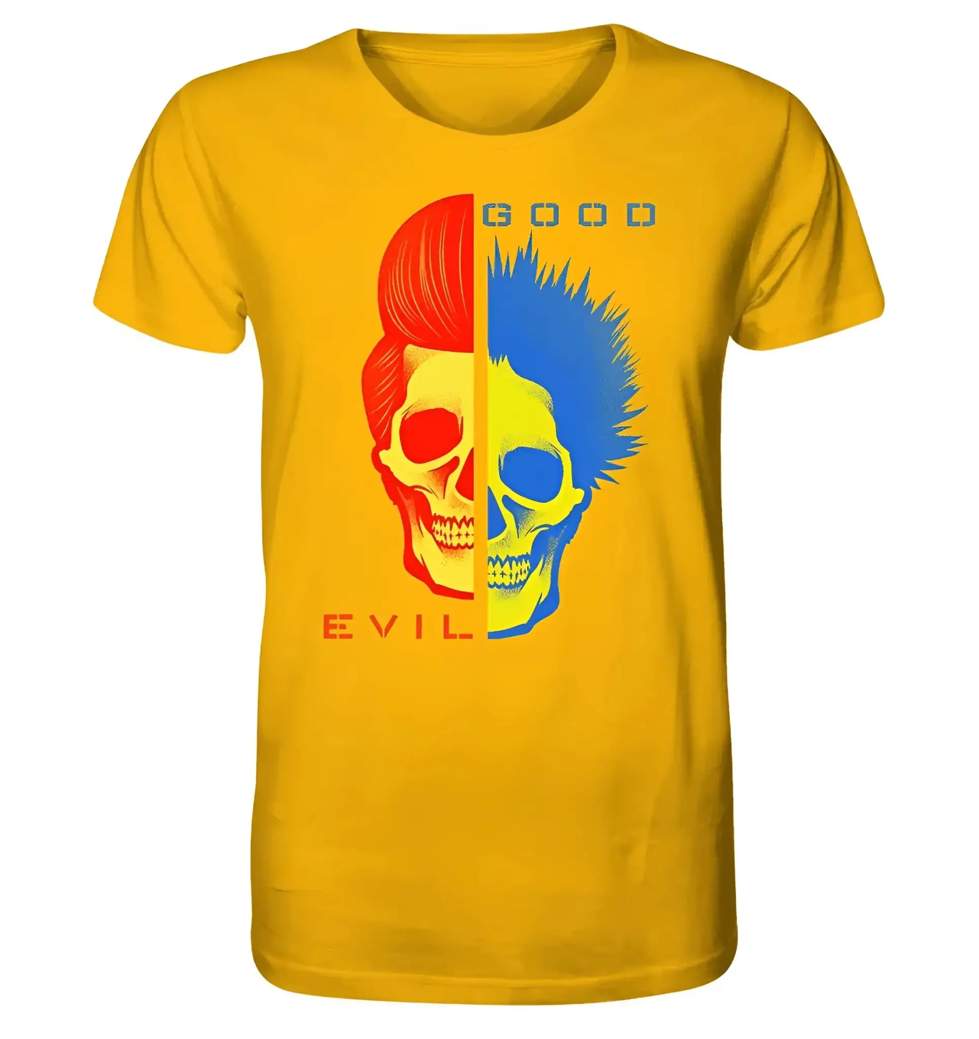Leuchtendes gelbes good n evil bio shirt mit kurzem arm und auffälligem rot blau geteiltem schädelprint