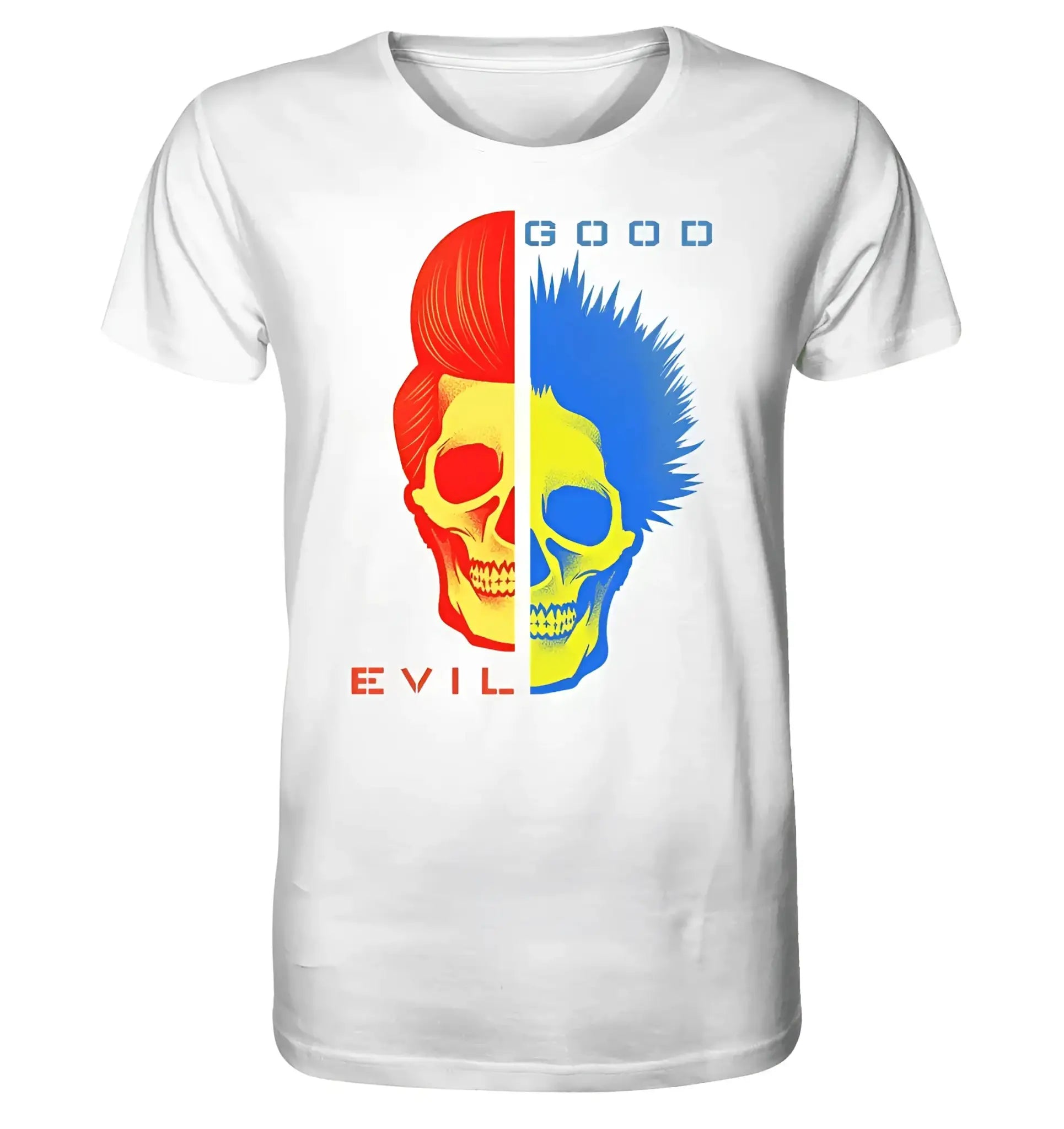 Weißes bio-t-shirt mit geteilter schädelgrafik rot-gelb für böse und blau-gelb für gut namens goodn evil-red-blue