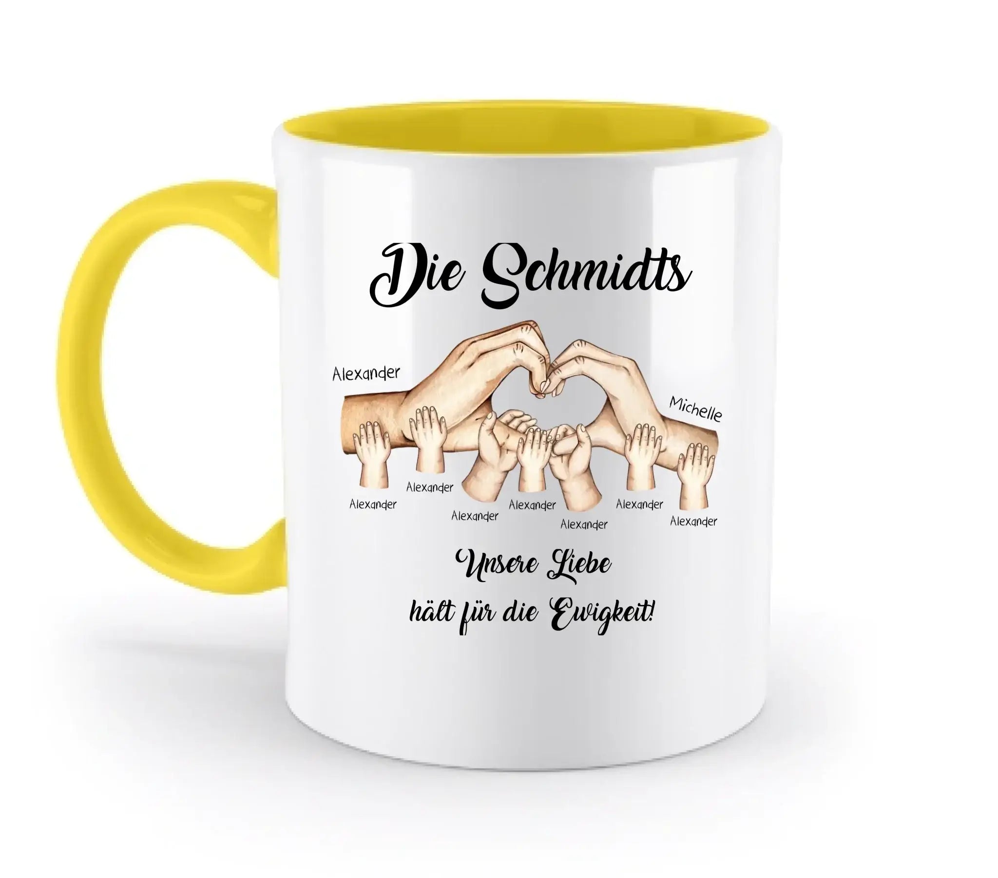 HÄNDE-Motiv mit 0-7 Kinder (personalisierbare Figuren) - Zweifarbige Tasse / Yellow / 330ml - personalisierbare Figuren