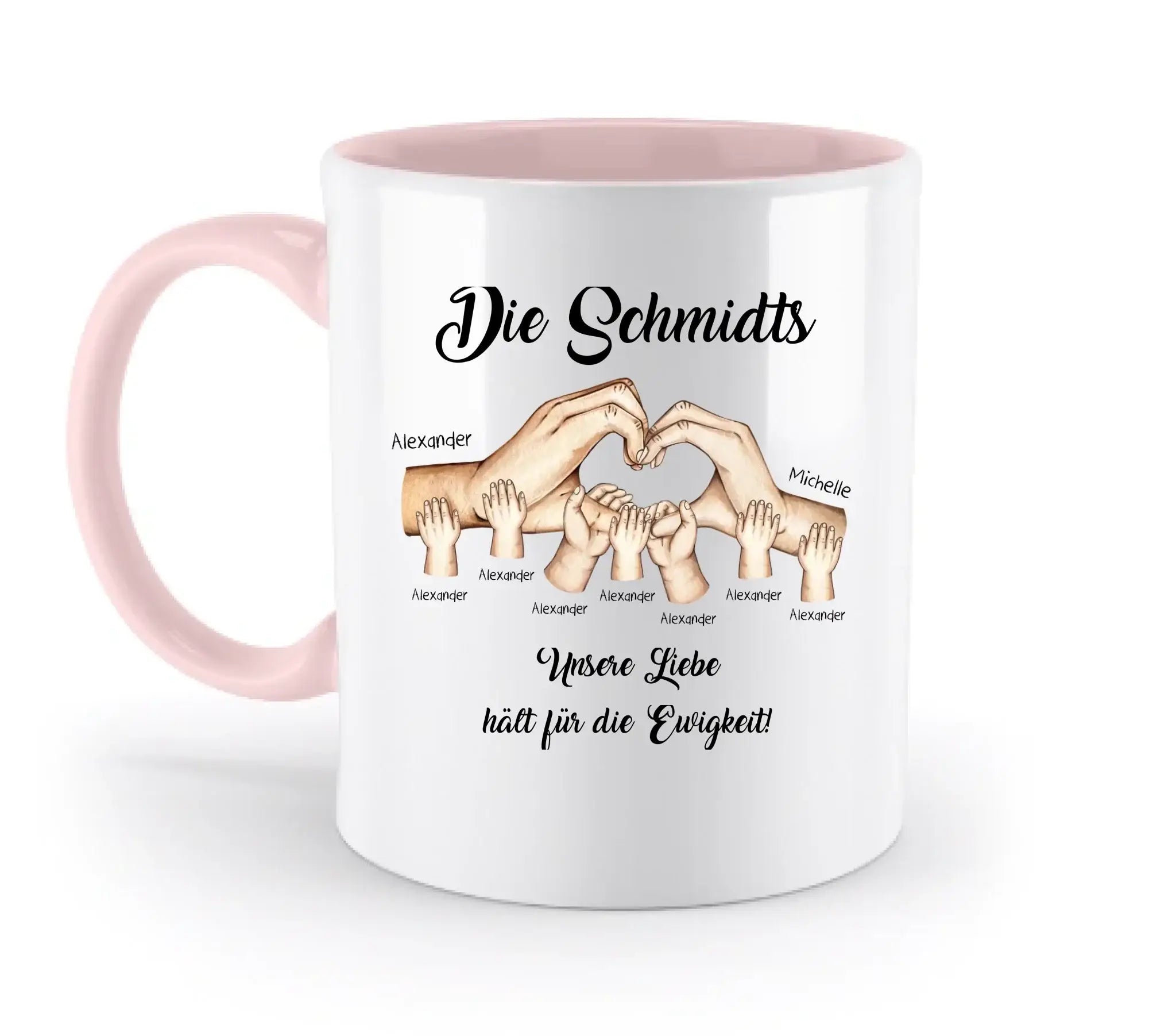 HÄNDE-Motiv mit 0-7 Kinder (personalisierbare Figuren) - Zweifarbige Tasse / Powder-Pink / 330ml - personalisierbare