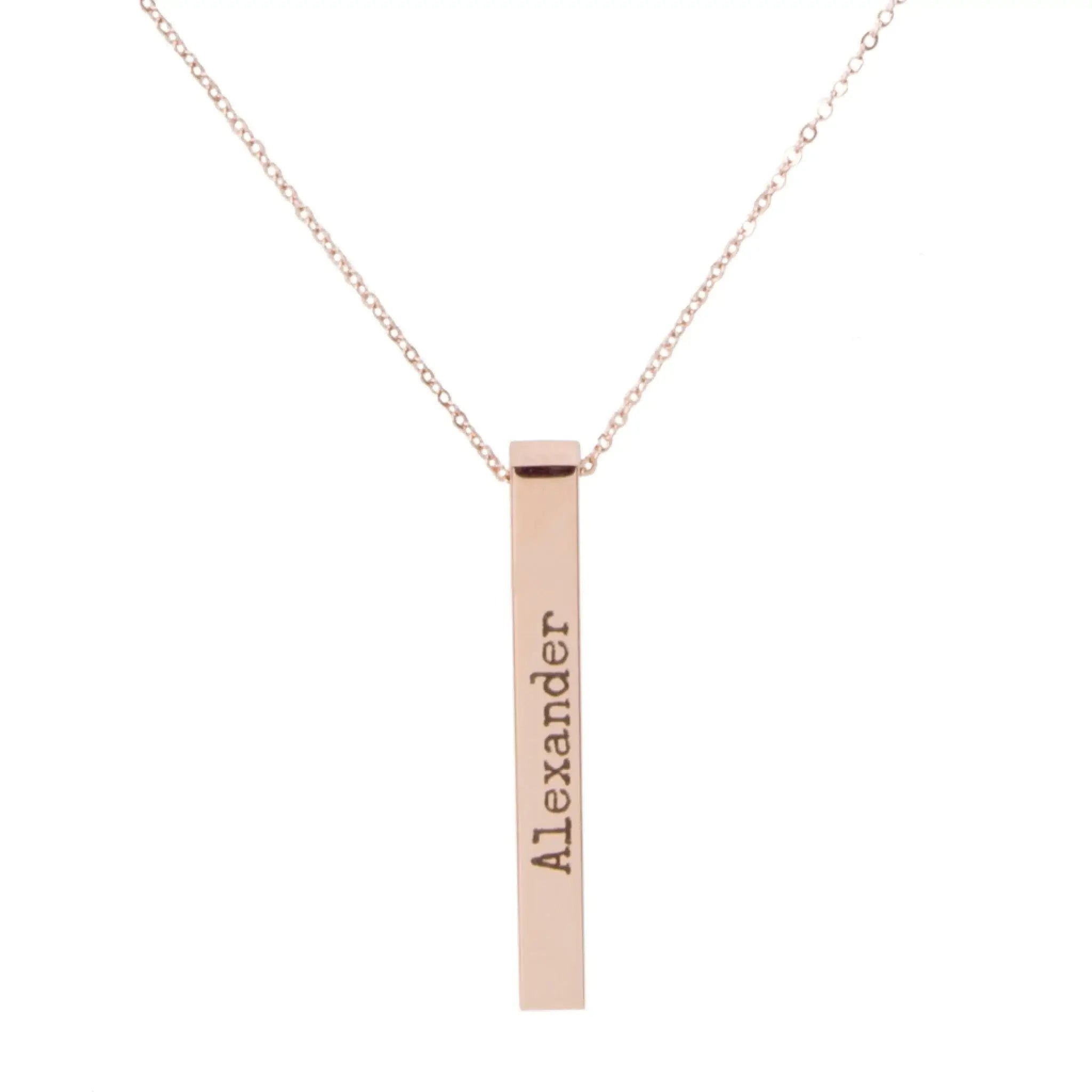Rose gold halskette säule mit gravur name alexander vertikal auf schlanker plakette und feiner kettengliederung